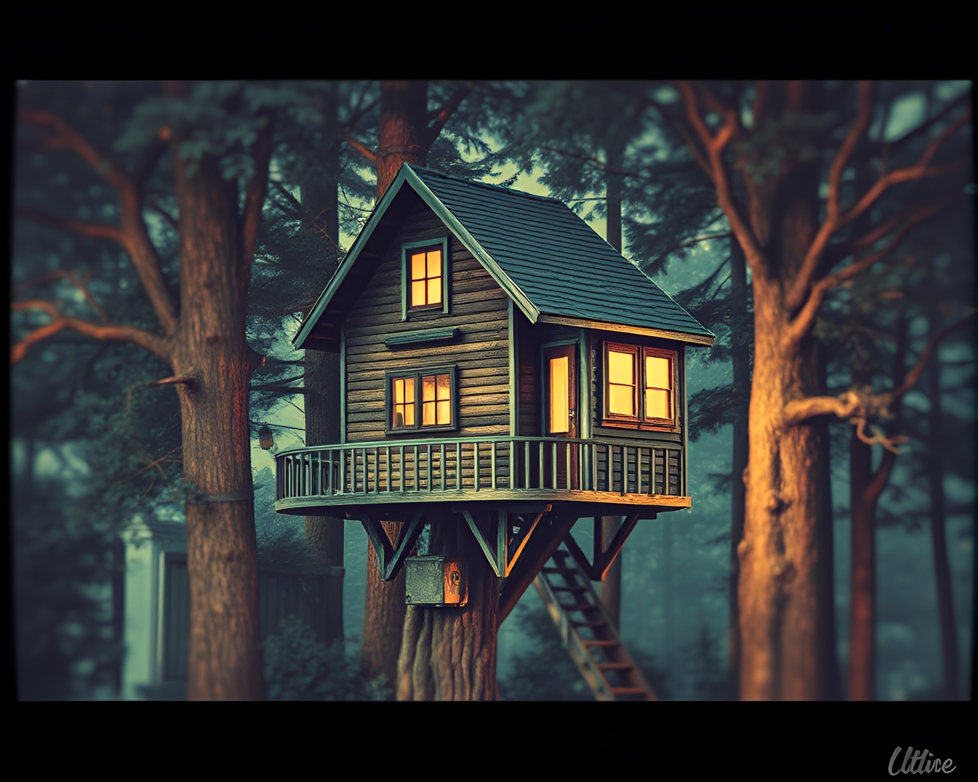 Vintage Treehouse in Soft Focus Halftone Vector Art – free AI stock image