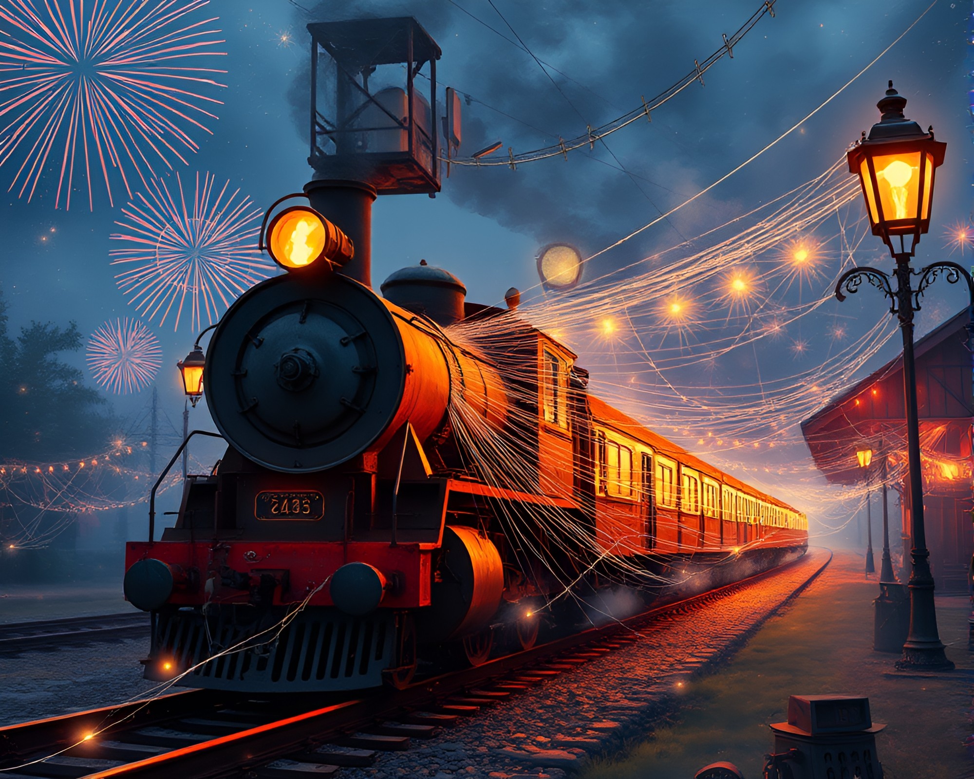 Steampunk Train Amidst Festival Fireworks – free AI stock image