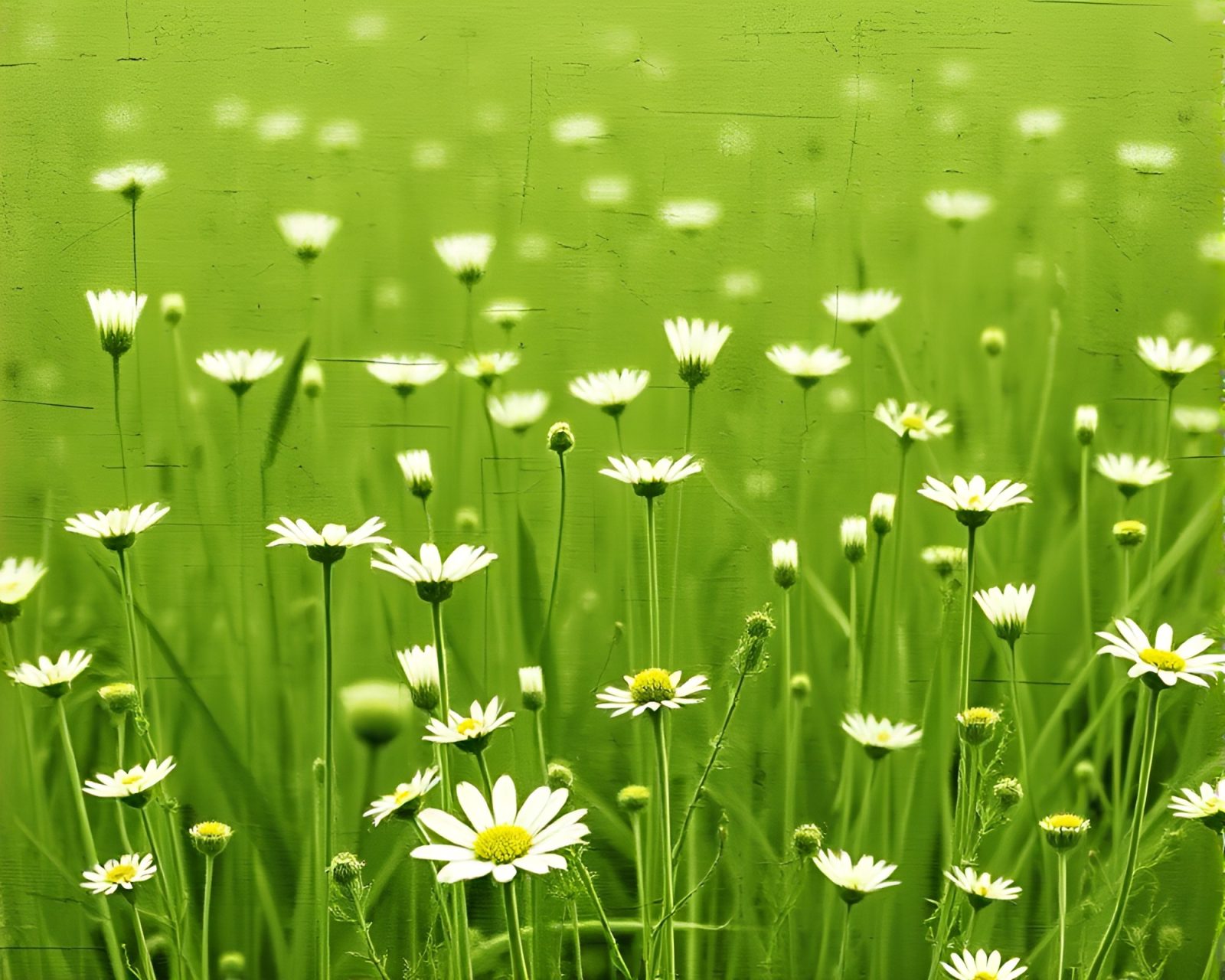 A realistic green meadow of trompe-l'oeil flowers