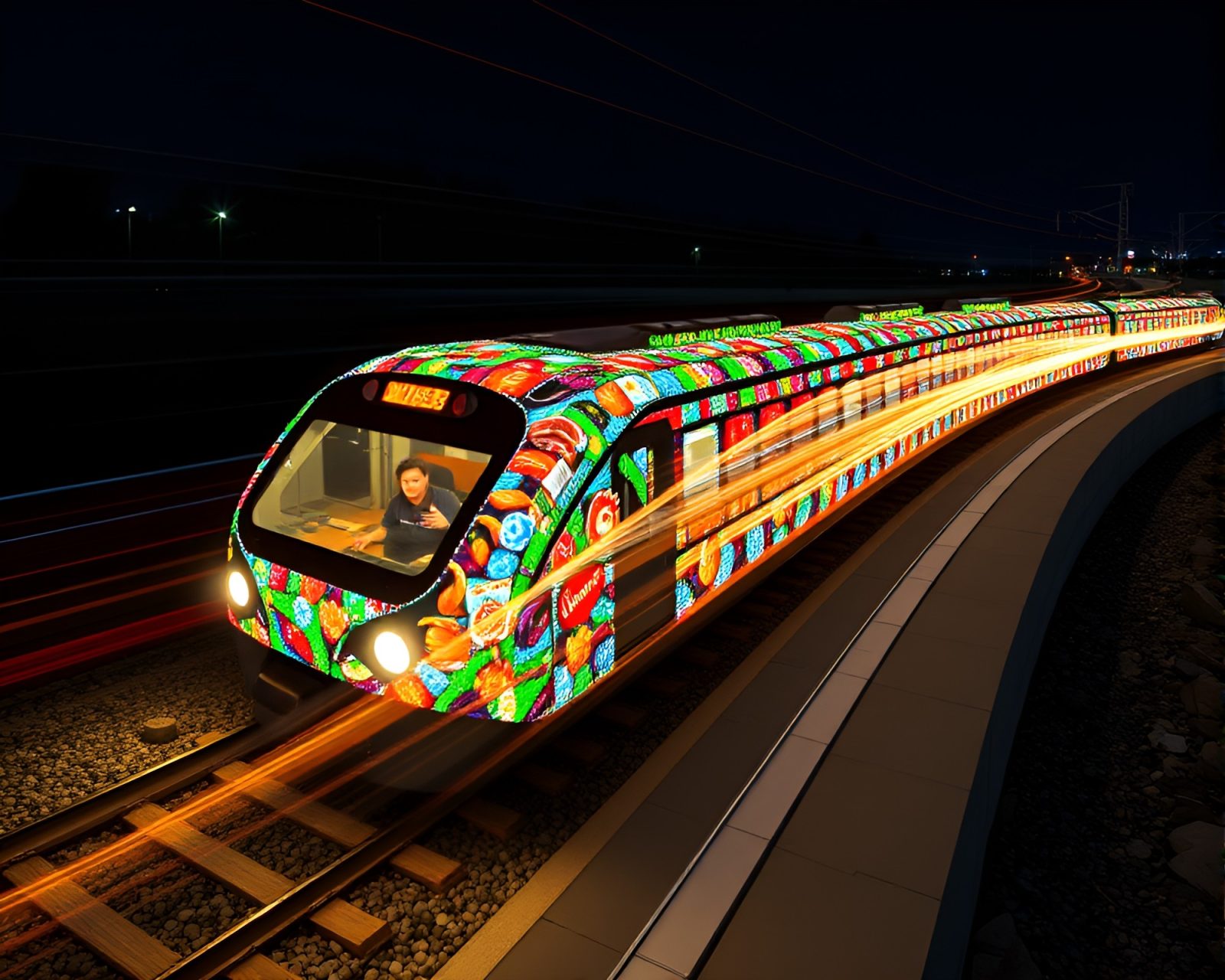 Long exposure photo of colorful sushi platter surrounded by train light streaks