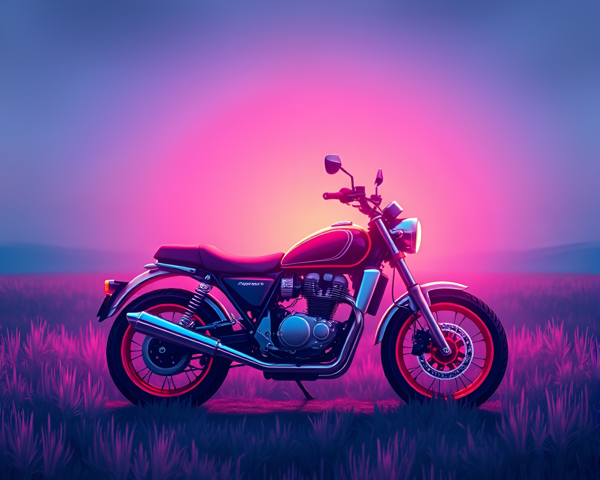Neon Motorcycle in Pixelated Pastel Dreamscape – free AI stock image