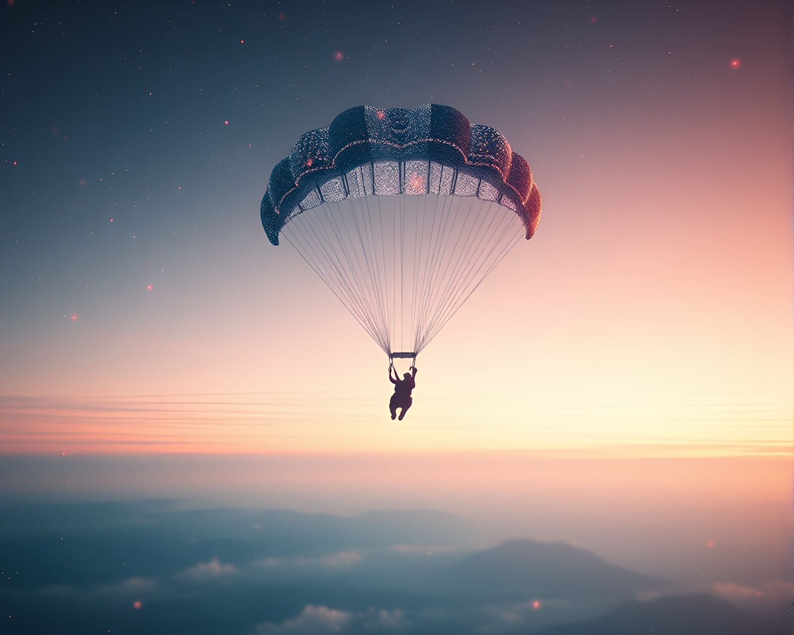 Digital data visualization of a parachuter in twilight sky