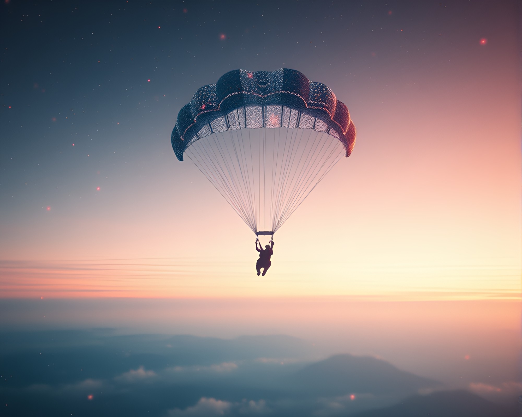 Data-Crafted Parachute Jumper Soaring at Twilight – free AI stock image