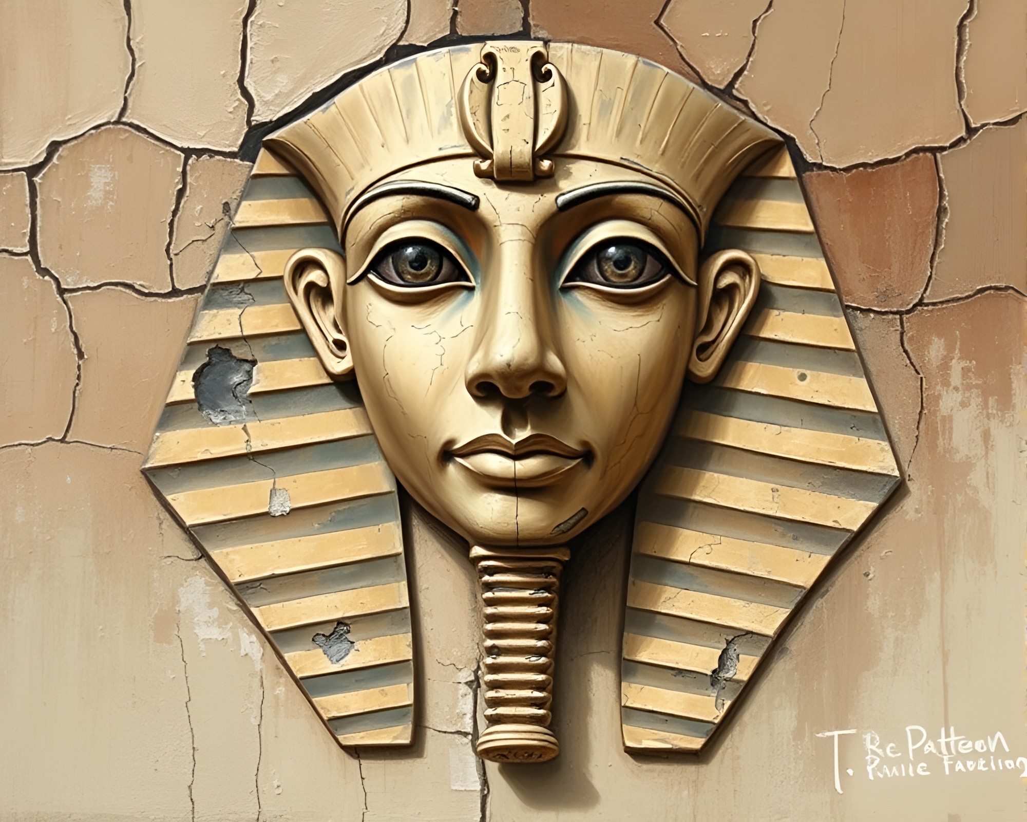 Pharaoh’s Mask on Cracked Earth: Palette Knife Painting – free AI stock image