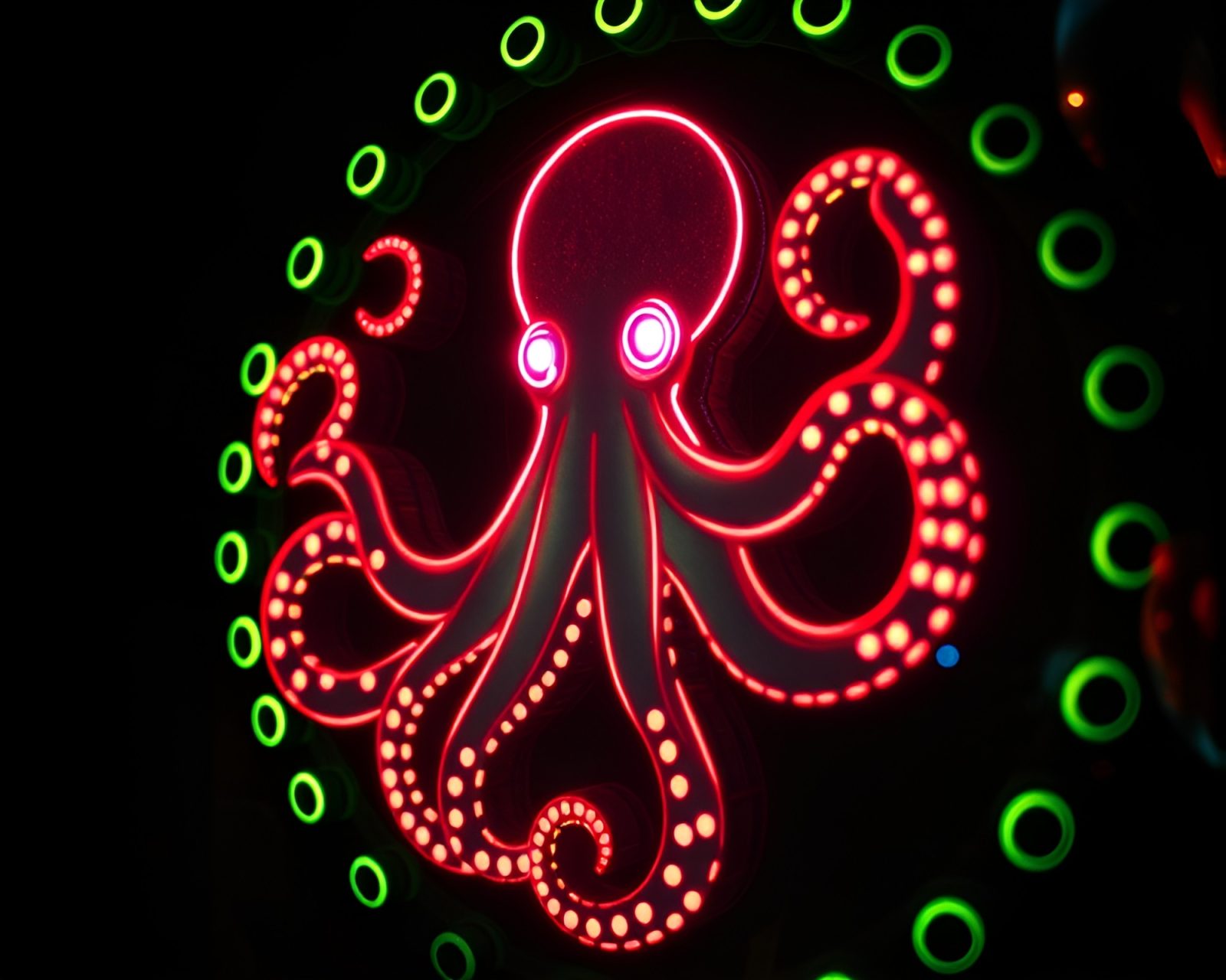 Vibrant neon graffiti octopus tangled in film sprocket holes