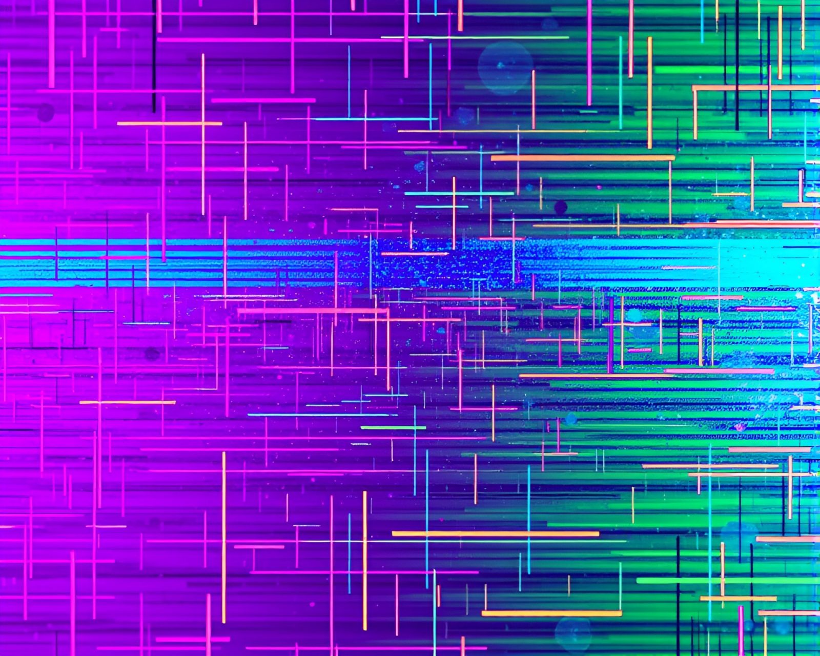 Electric purple and teal lights dance on metallic surface
