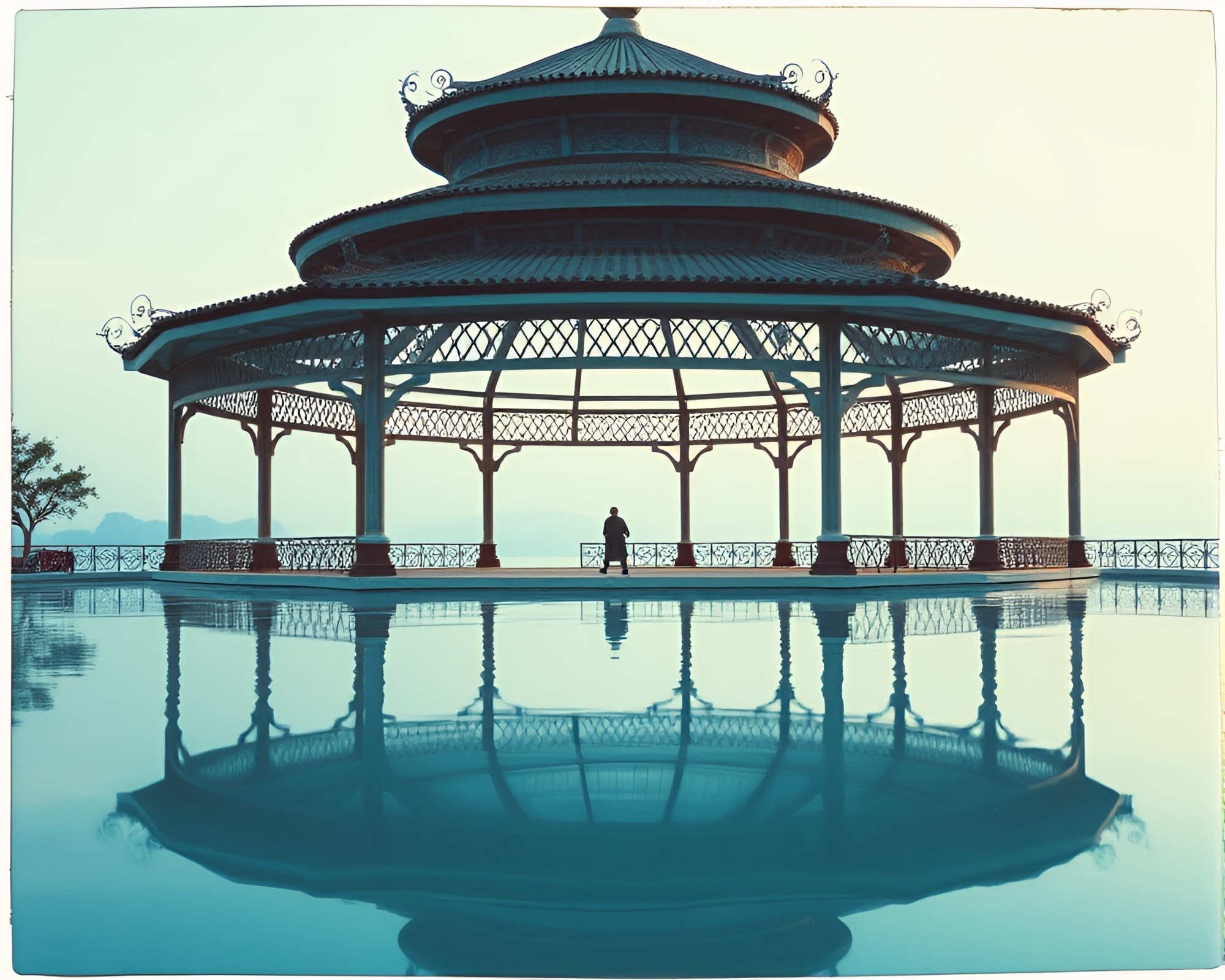 Frozen Pavilion: Ethereal Reflections in Polaroid Frame – free AI stock image