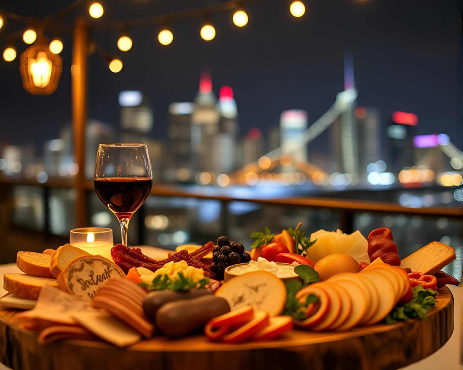 Detailed embroidered charcuterie board in vibrant city lights