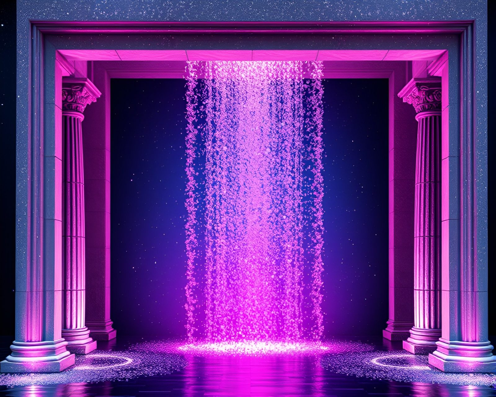 Vibrant Pop Art style waterfall framed by architectural structures with stardust lighting