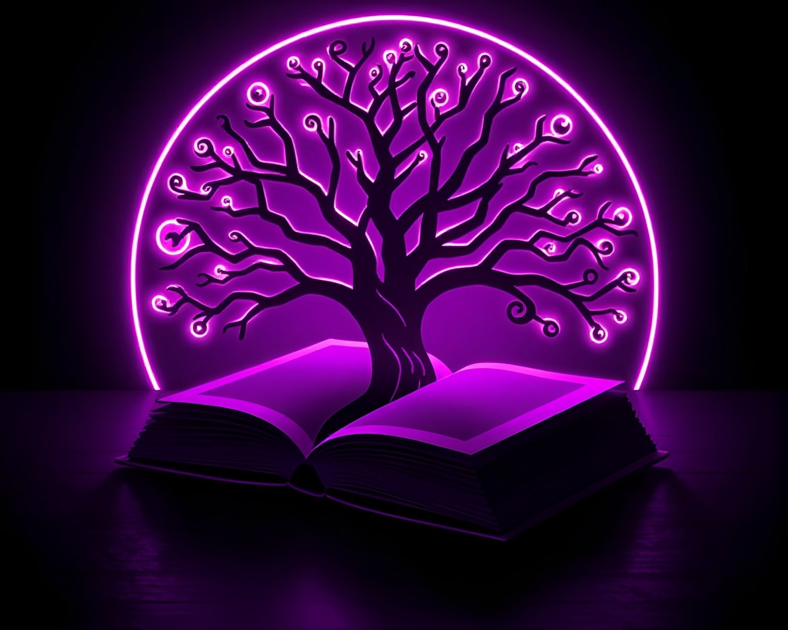 Amethyst-toned tree rings illuminated by neon lights in Poe-inspired scene
