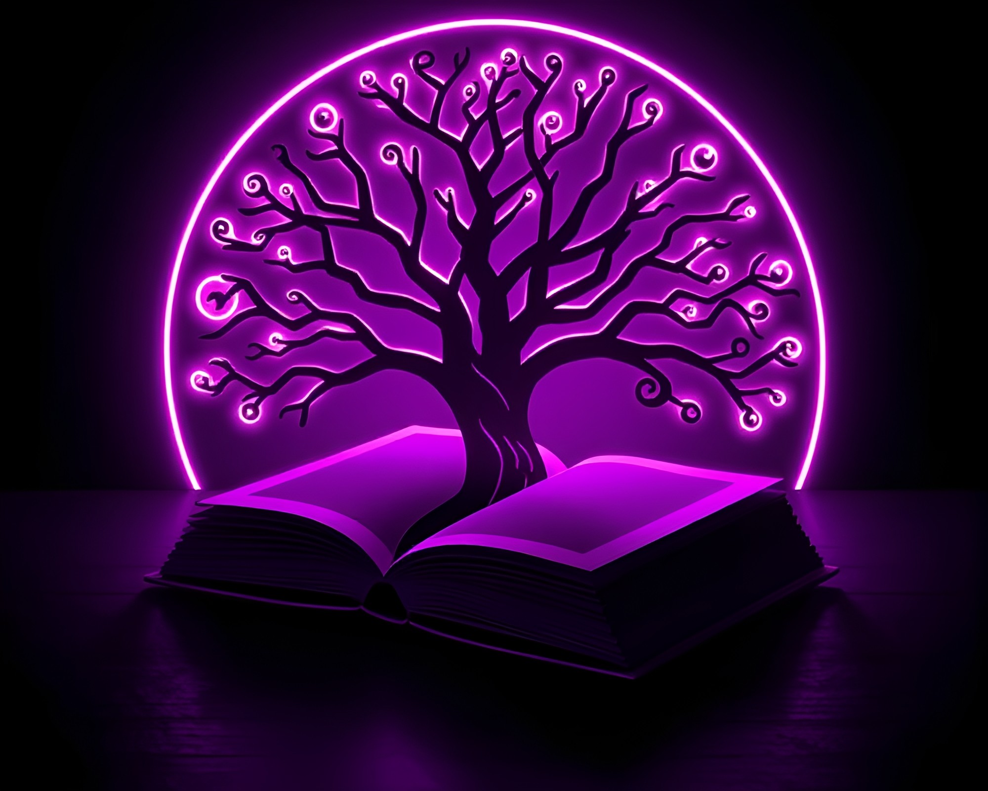 Glowing Neon Tree Rings in Edgar Allan Poe’s Realm – free AI stock image