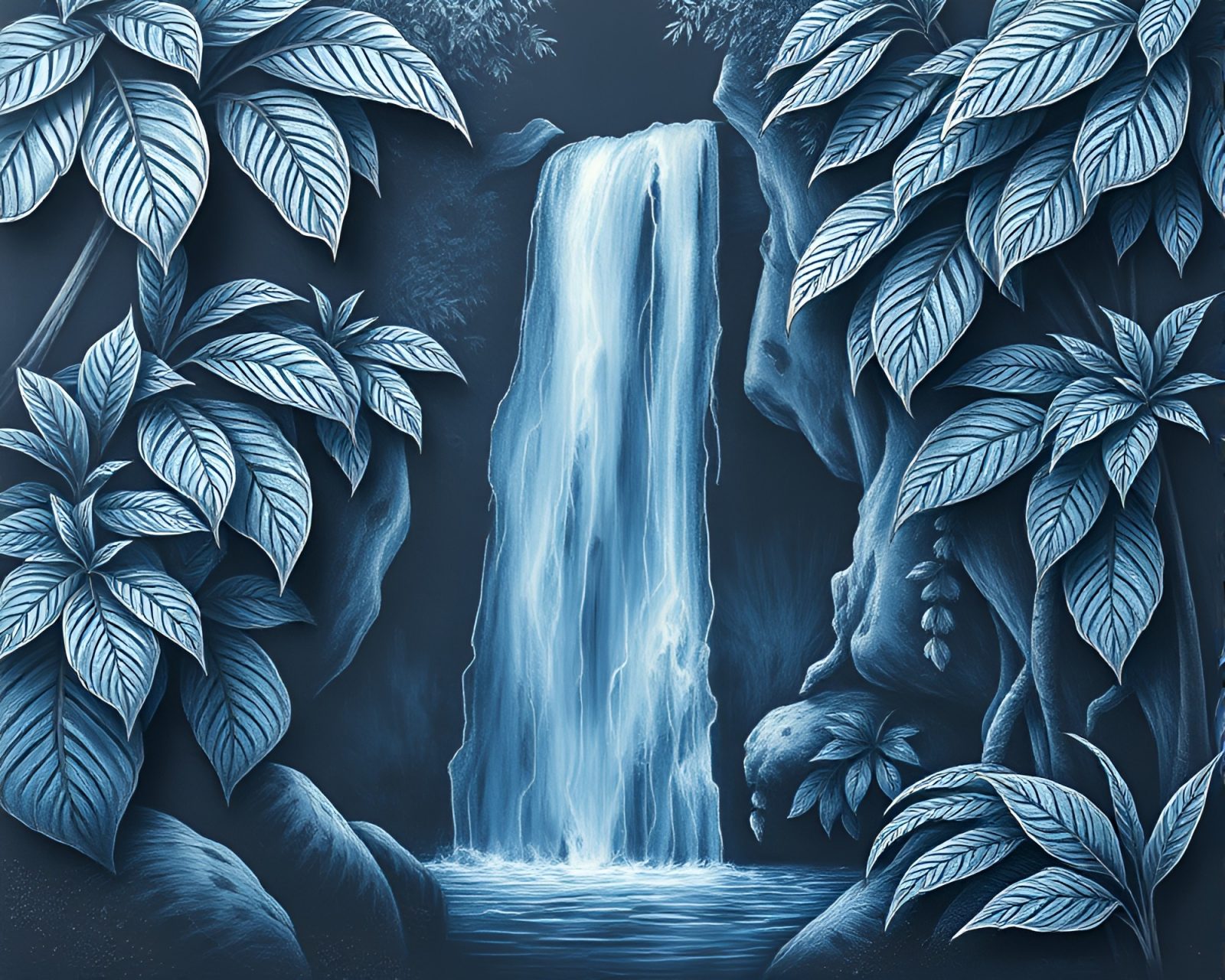Serene waterfall scene drawn on textured paper in blue hues