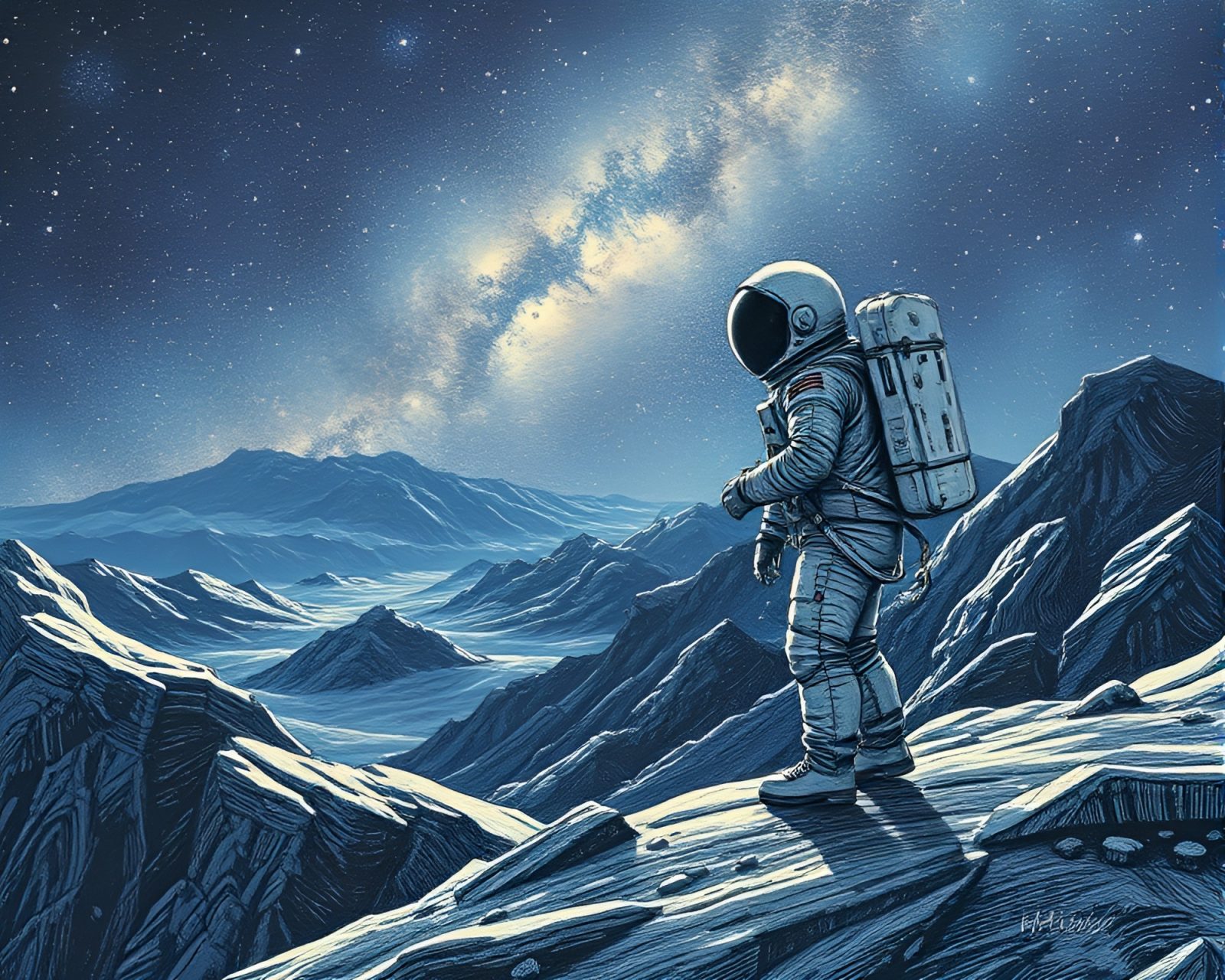 Digital noise astronaut in etched starlit landscape