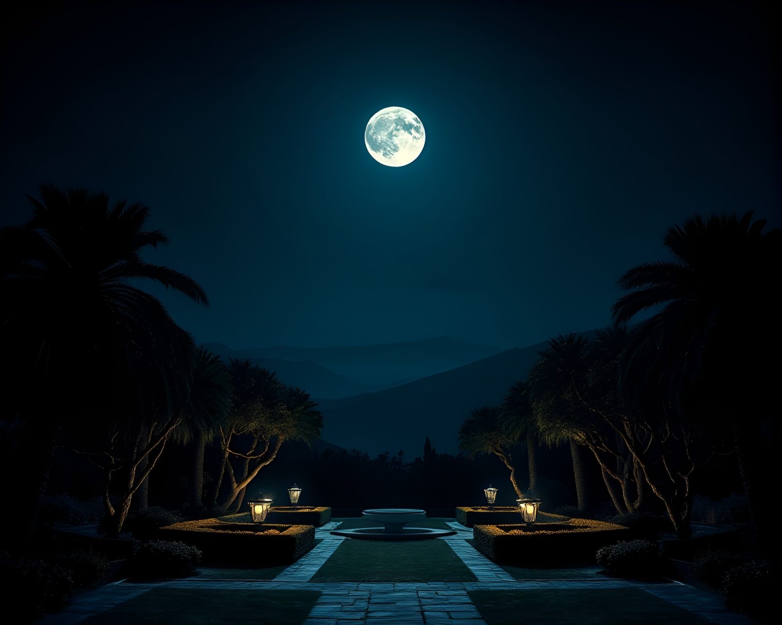 A mesmerizing oasis at night, bathed in moonlight