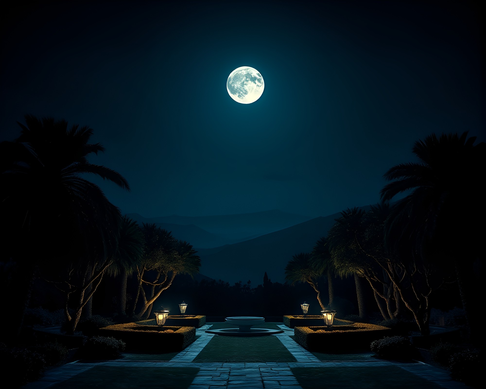 Symmetrical Oasis Under Moonlit Chiaroscuro Sky – free AI stock image