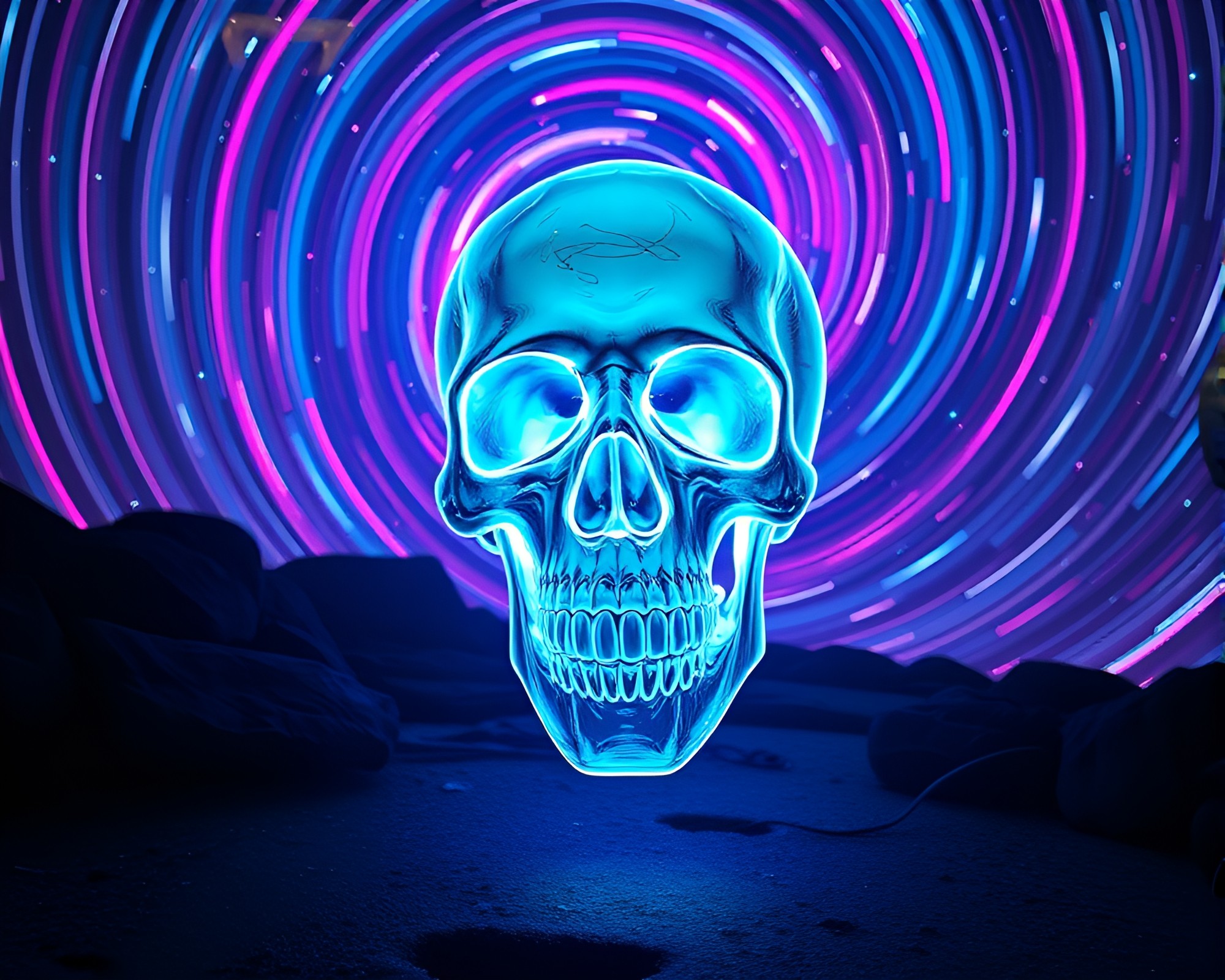 Neon-lit Crystal Skull in Cosmic Milky Way – free AI stock image
