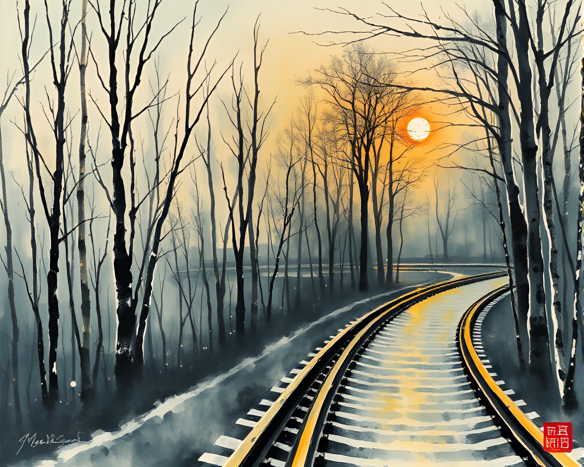 Monorail Journey Through Warm Sumi-e Wood Grains – free AI stock image