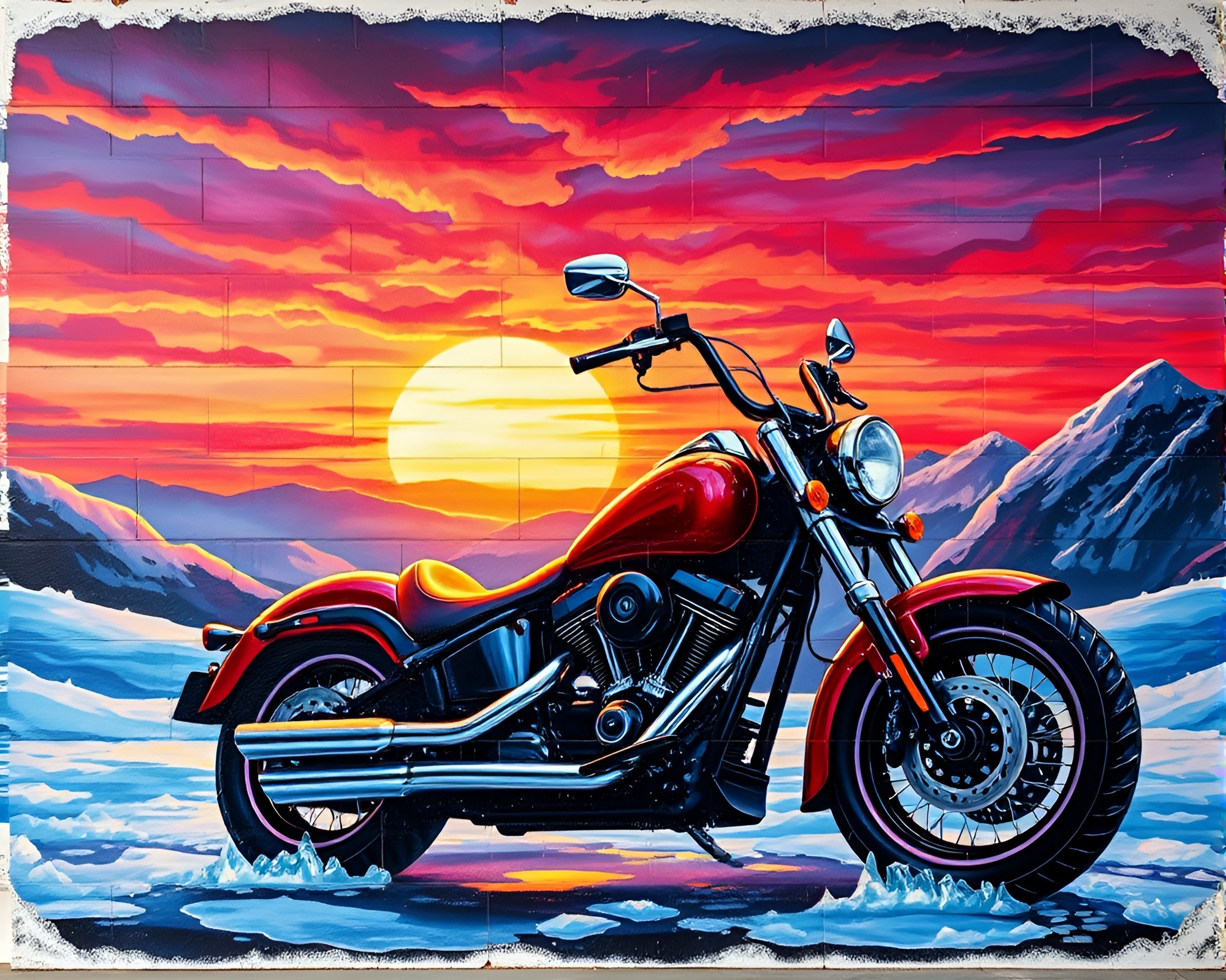 Neon Motorcycle cruising through Ice Crystal Sunset Skyline Mural – free AI stock image