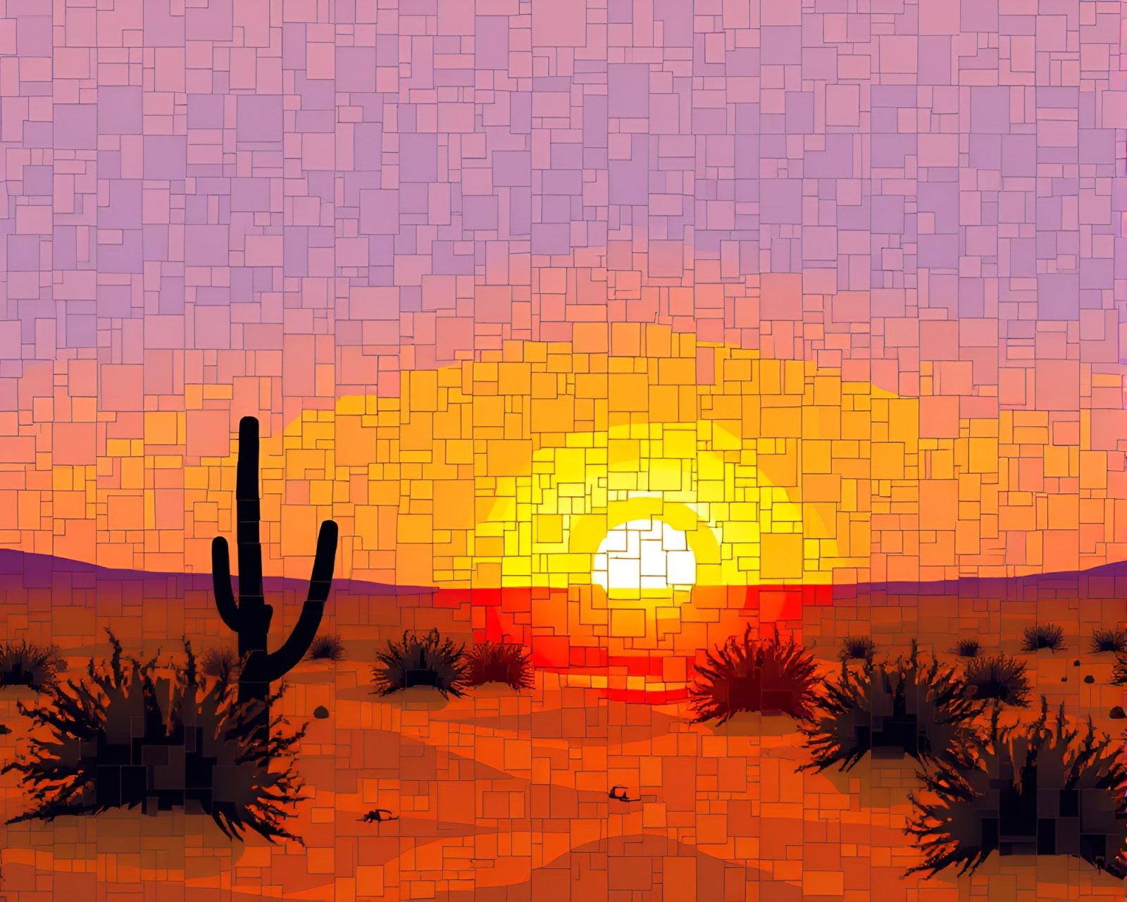 Abstract digital mosaic showcasing a desert scene at dusk