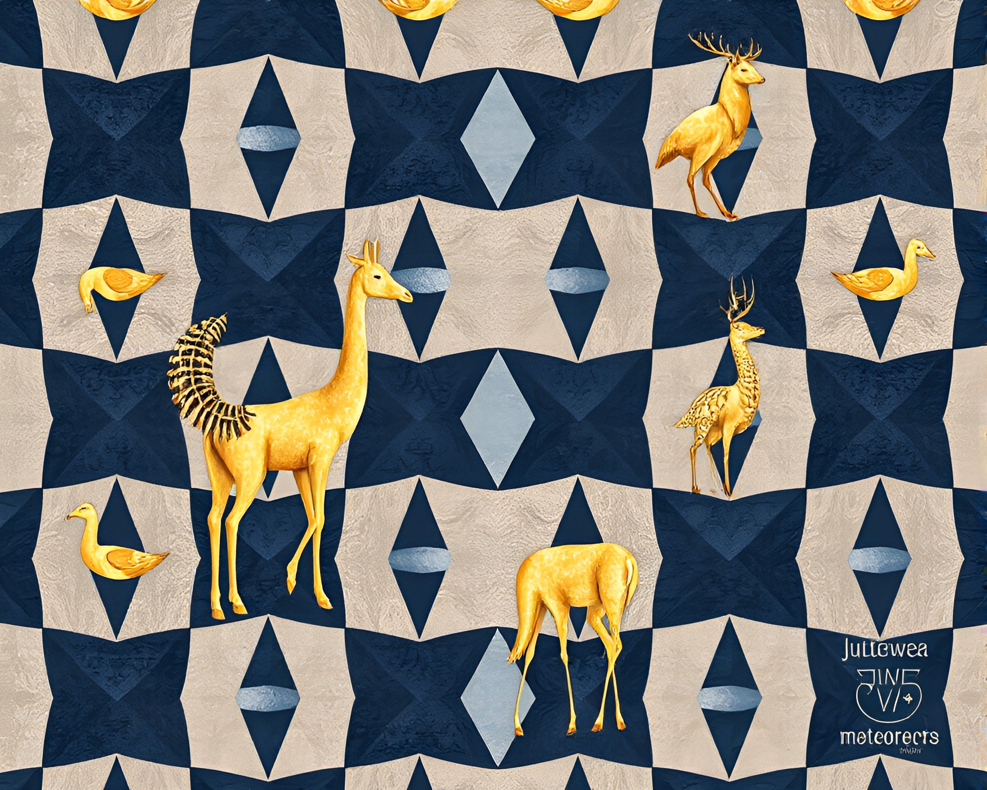 Wildlife Watercolor Statue Amid Savannah Gold Geometric Patterns – free AI stock image