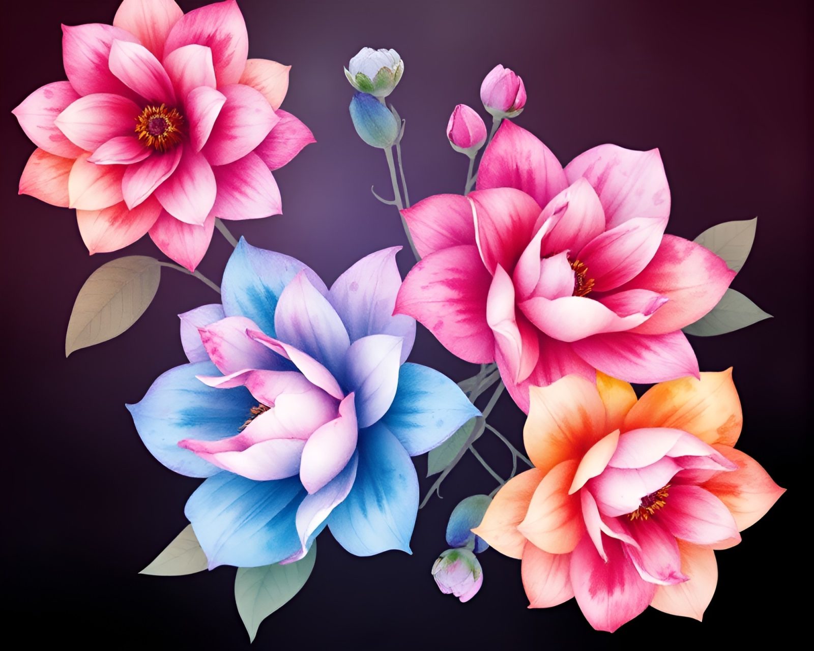 Colorful watercolor blooms with fractal patterns in retro style