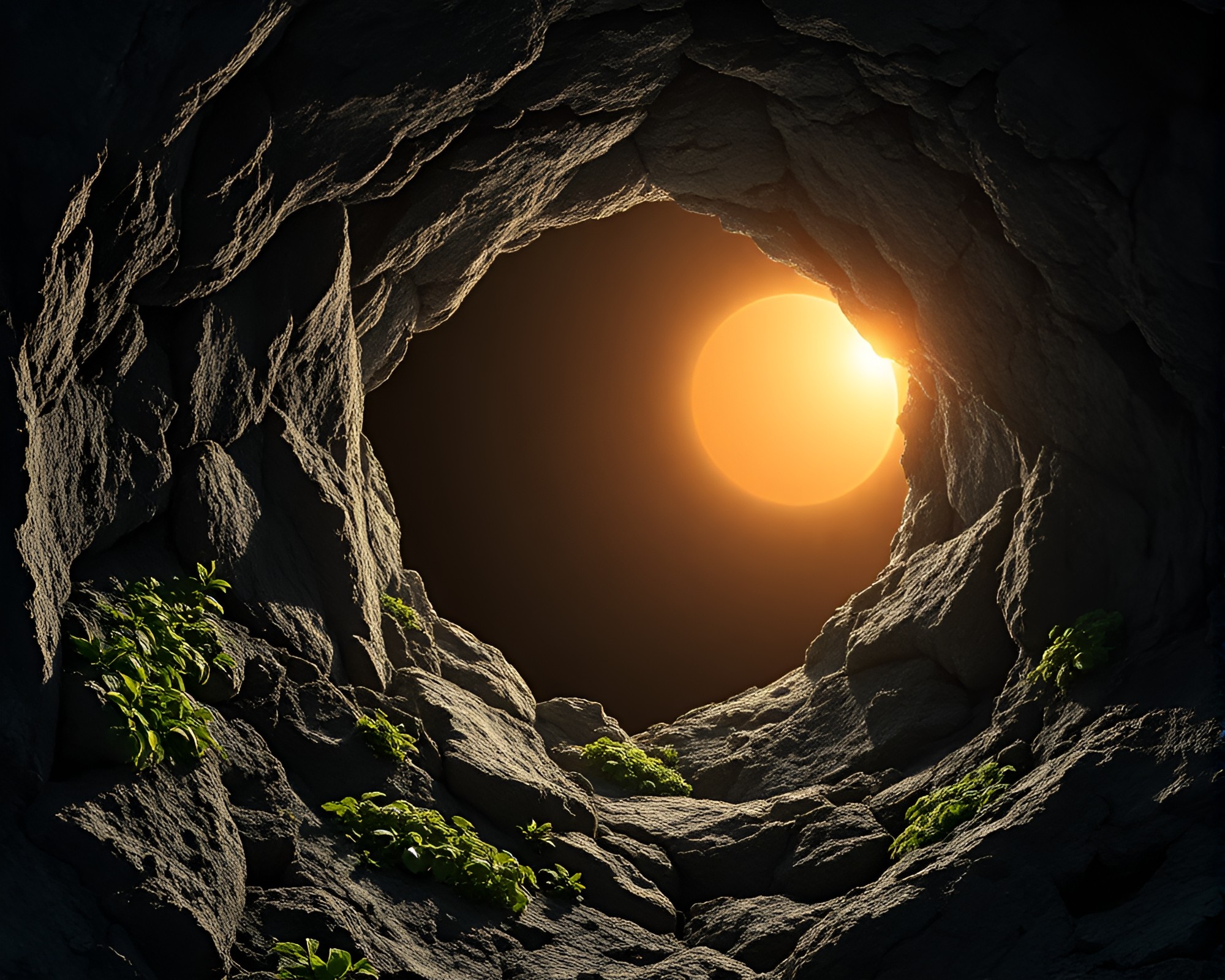 Eclipse Shadows in Lichen-Covered Cavern – free AI stock image