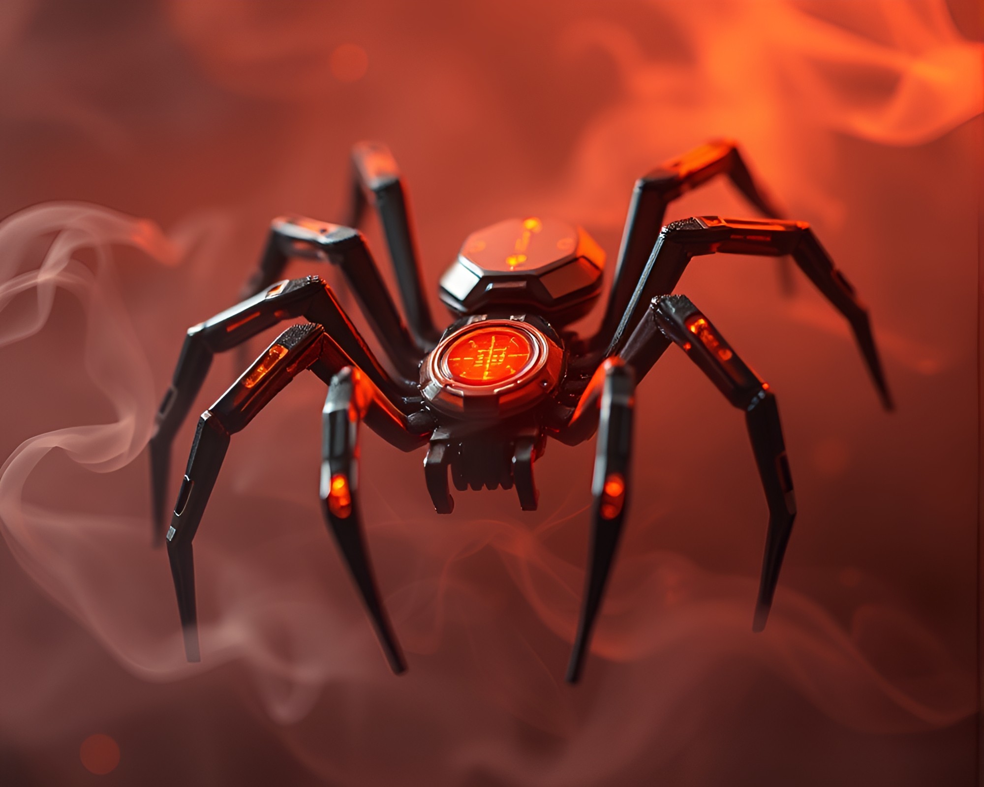 Mechanical Spider creates Voxel Smoke Rings in Burnt Orange – free AI stock image