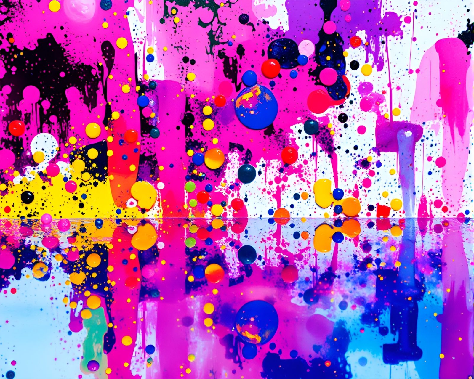 Bio-printer masterpiece amidst vibrant paint splatter reflections