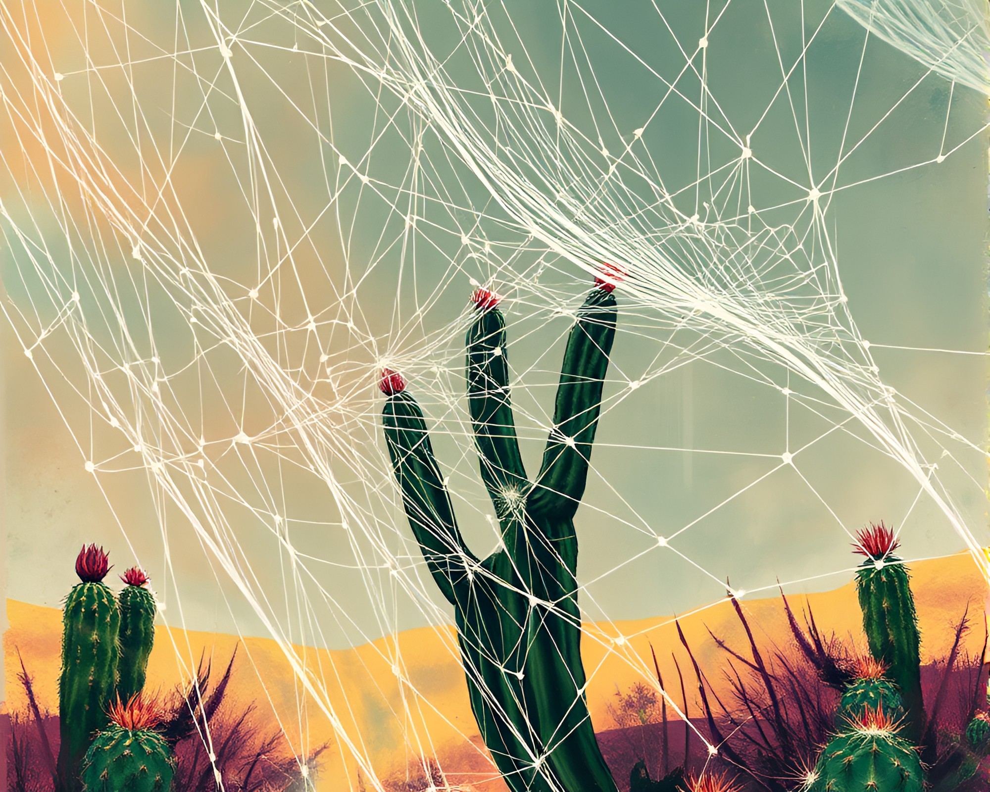 Desert Jewel: Cactus in Cobweb Canopy Fashion Illustration – free AI stock image
