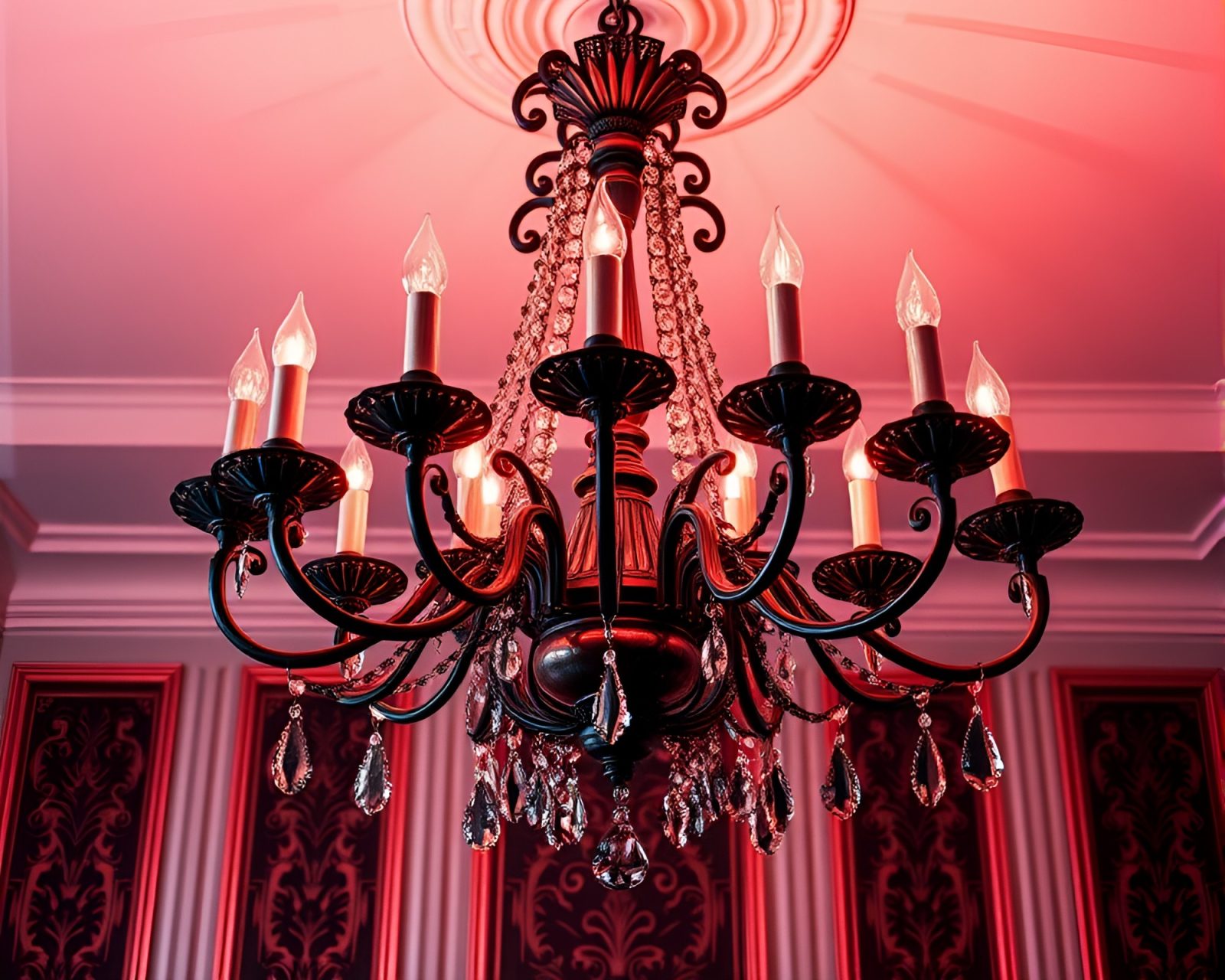 Black and white image of a Gothic chandelier with neon reflections in rose gold lighting