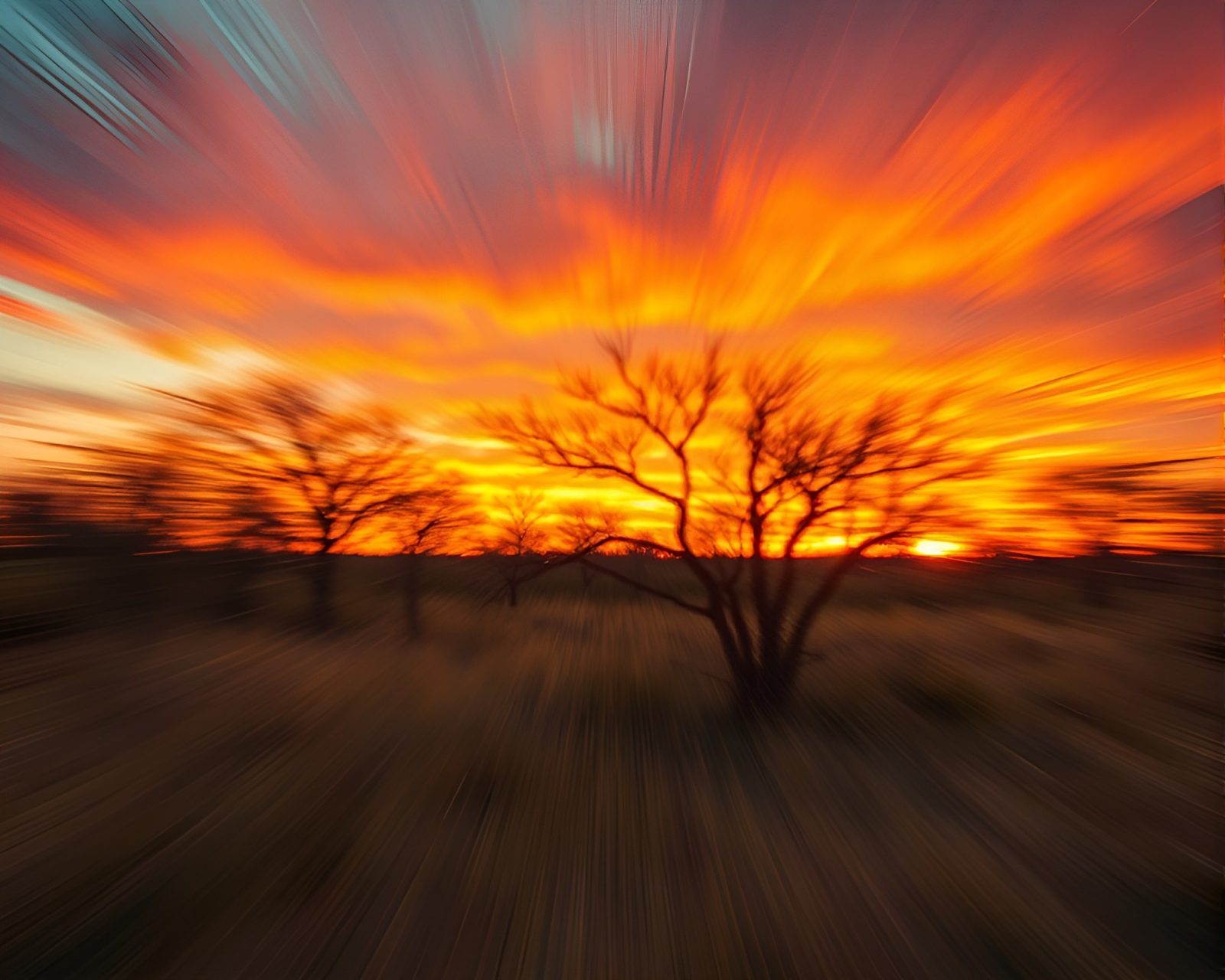 Copper verdigris savanna sunset with kaleidoscope motion blur