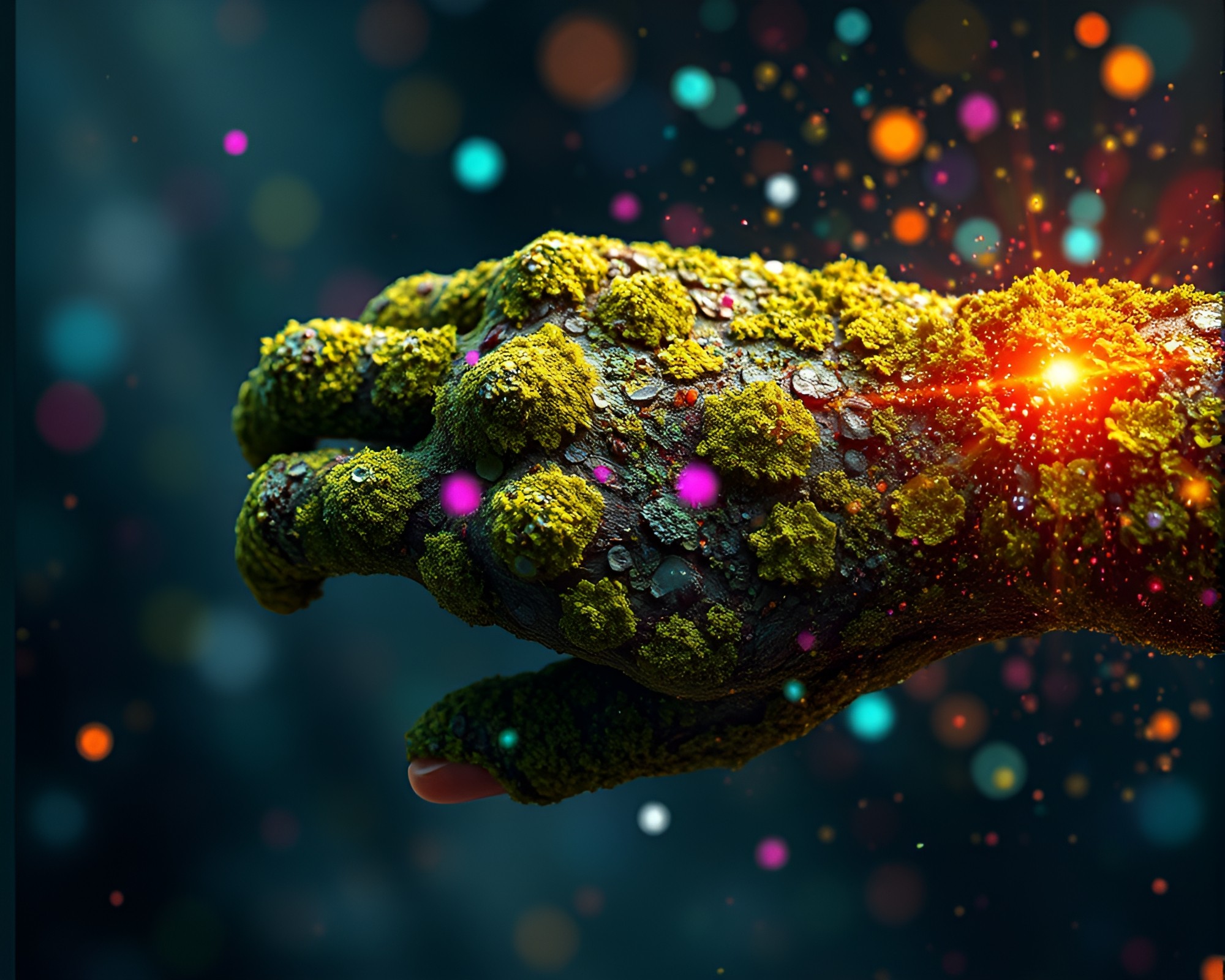 Futuristic Cybernetic Hand with Lichen Texture Burst – free AI stock image