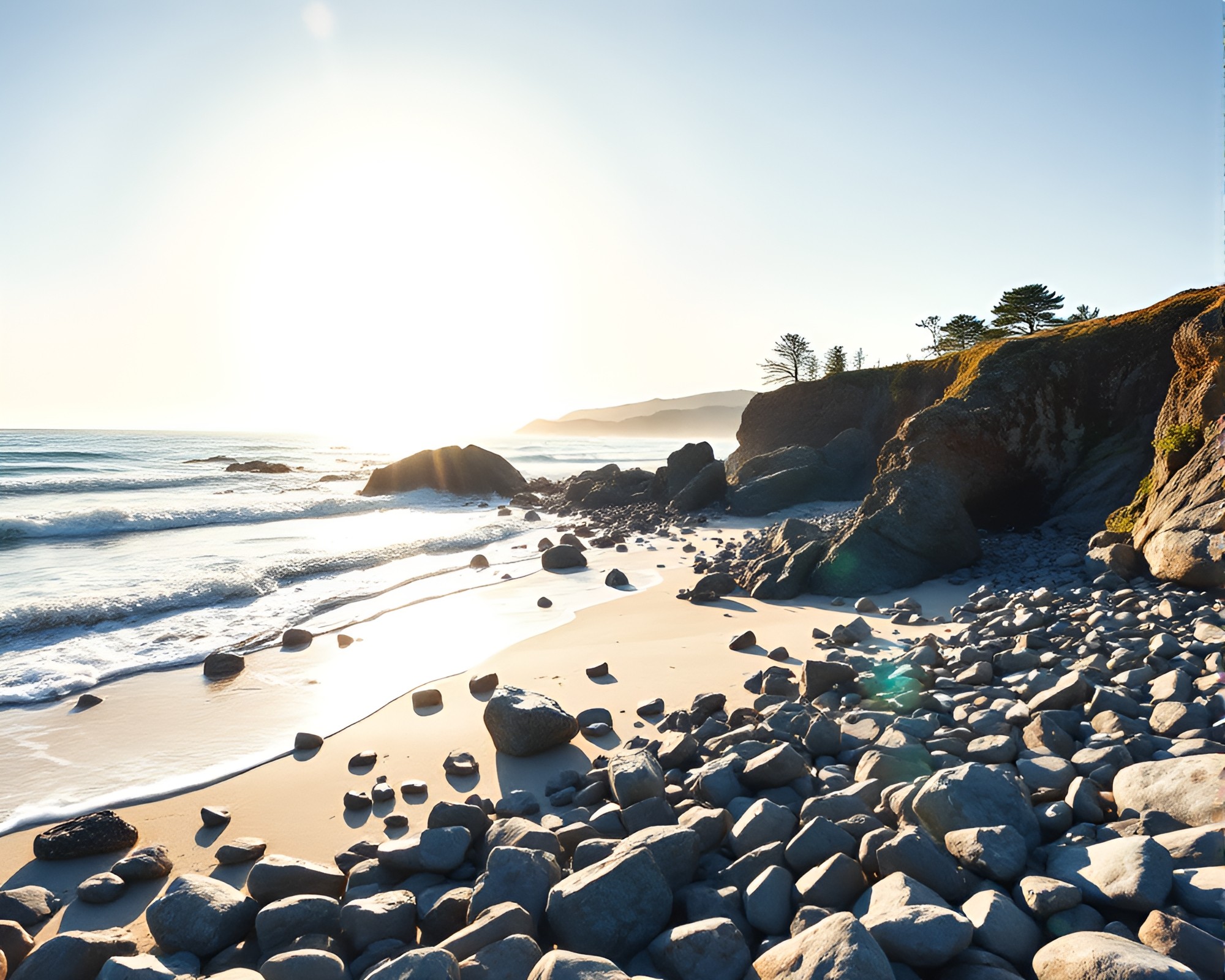 Lens Sunburst Wildlife Watercolor on Pebble Beach – free AI stock image