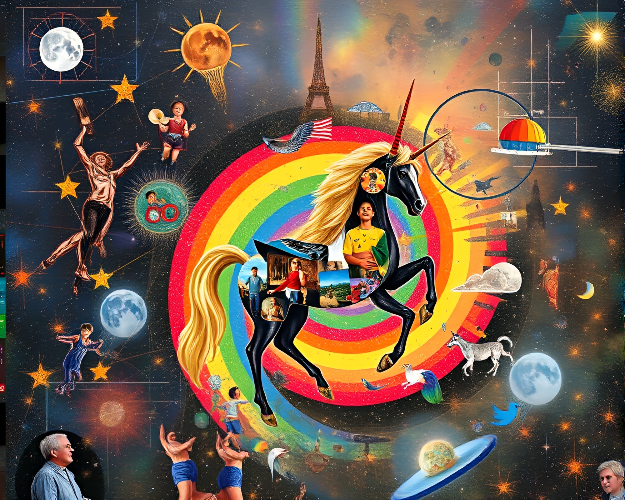 Mystical Centaur Embracing Spiral Rainbow Collage – free AI stock image