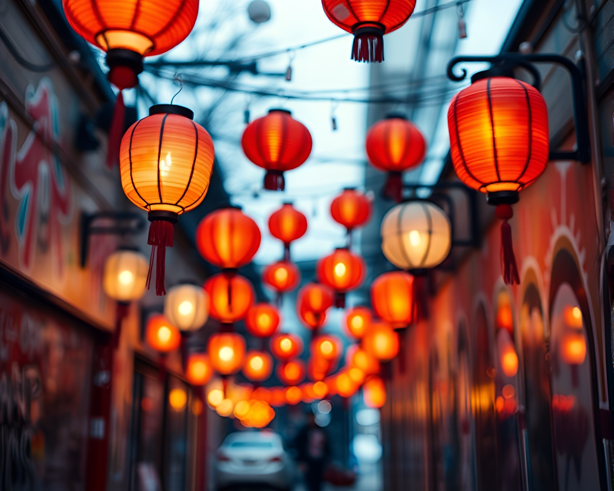 Floating Lanterns in Graffiti Colors with Selective Focus – free AI stock image