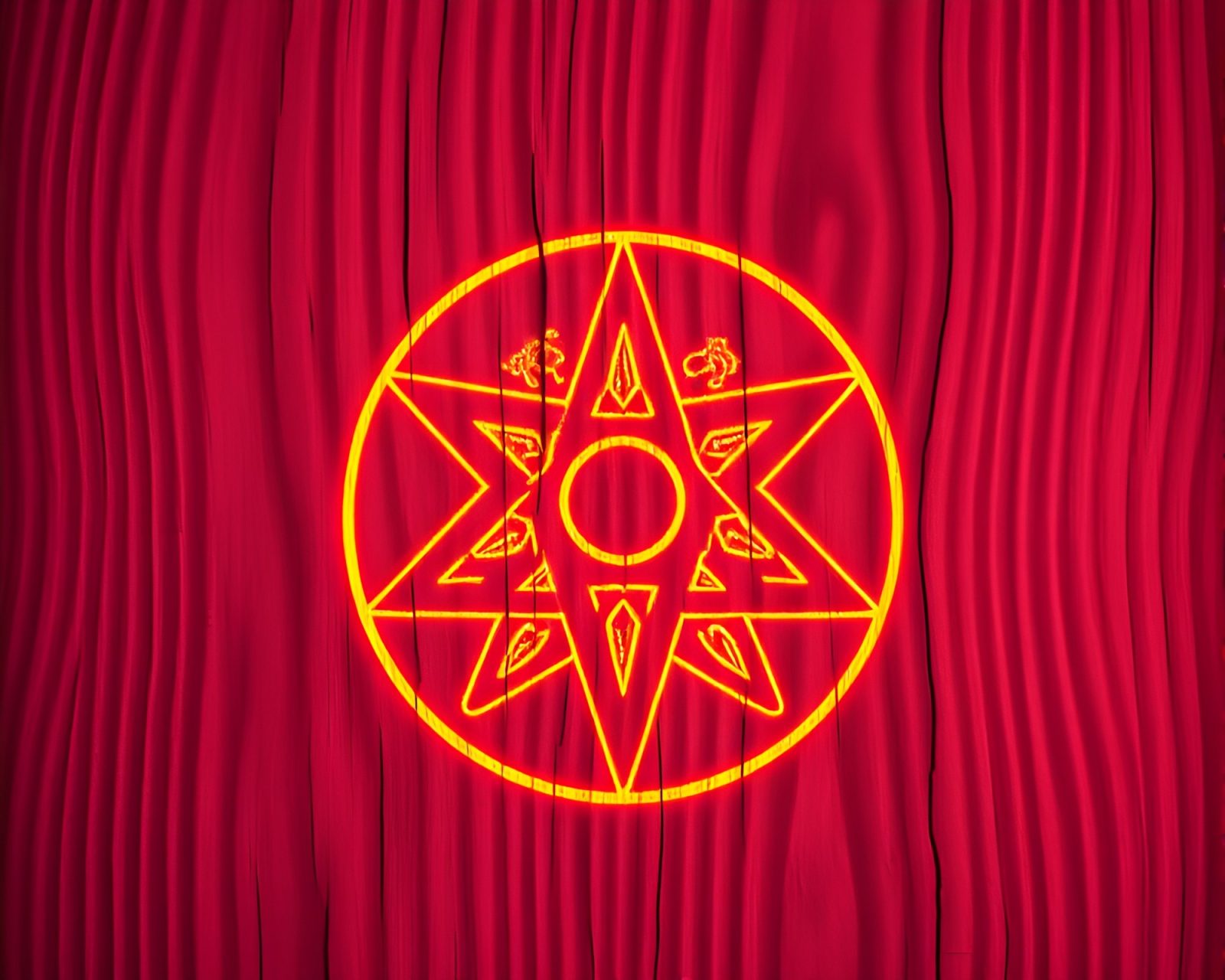 Mystical symbol blends into colorful pixelated wooden canvas under dim light