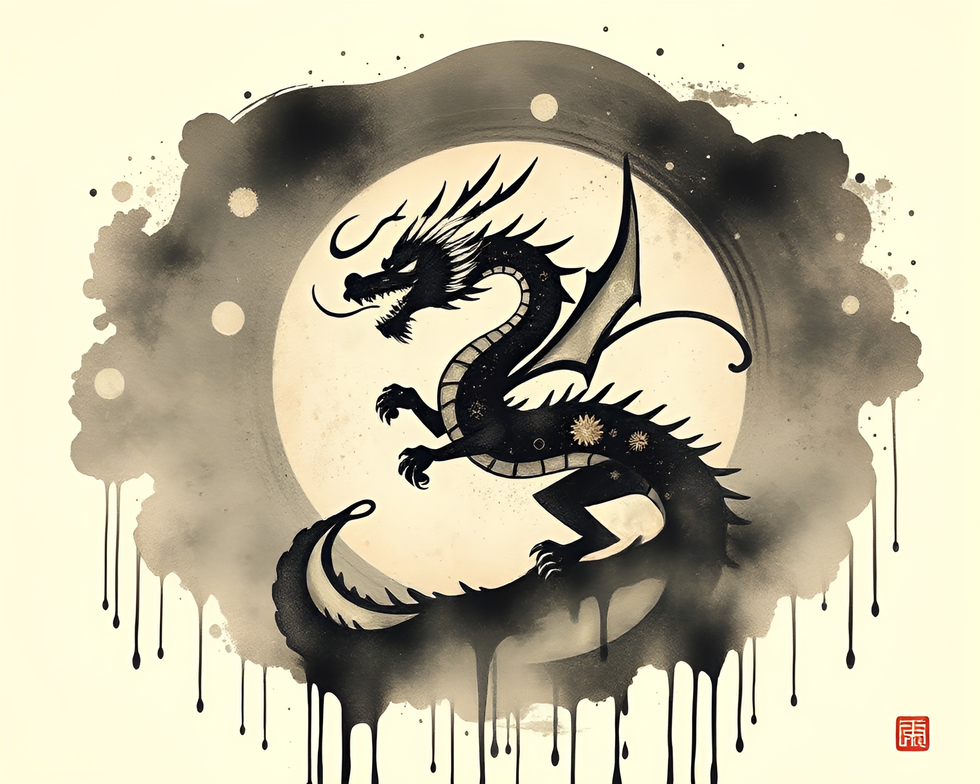 Celestial Dragon Ink Wash Drips Earth Tone Gradient – free AI stock image
