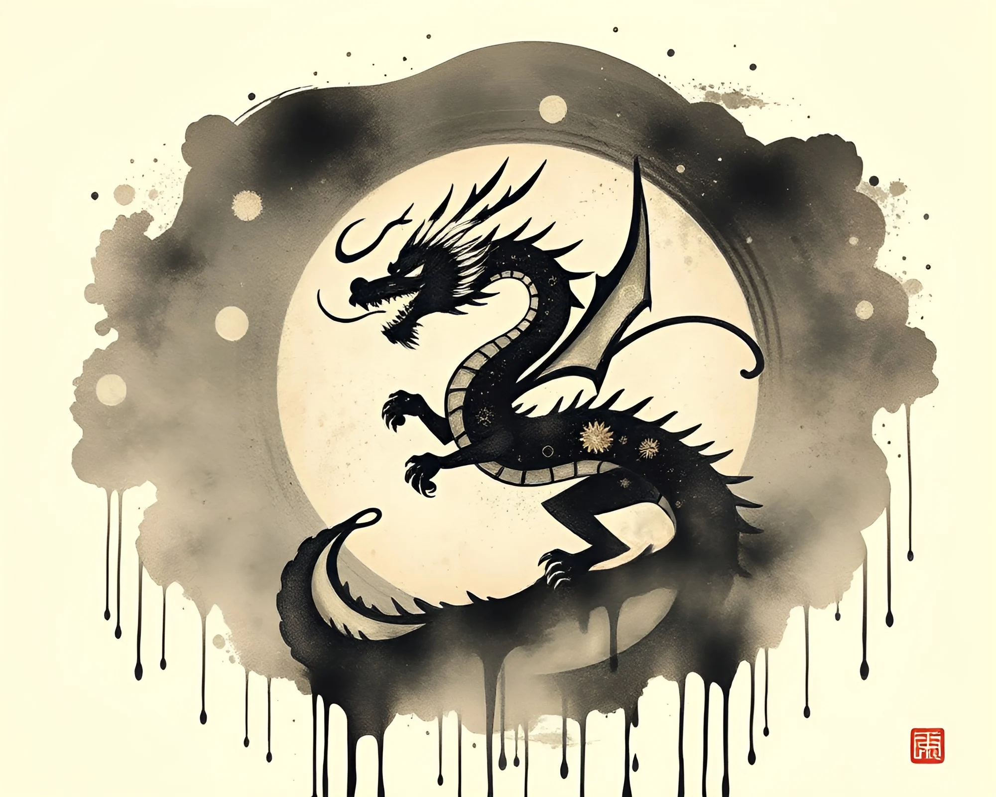 Celestial Dragon Ink Wash Drips Earth Tone Gradient