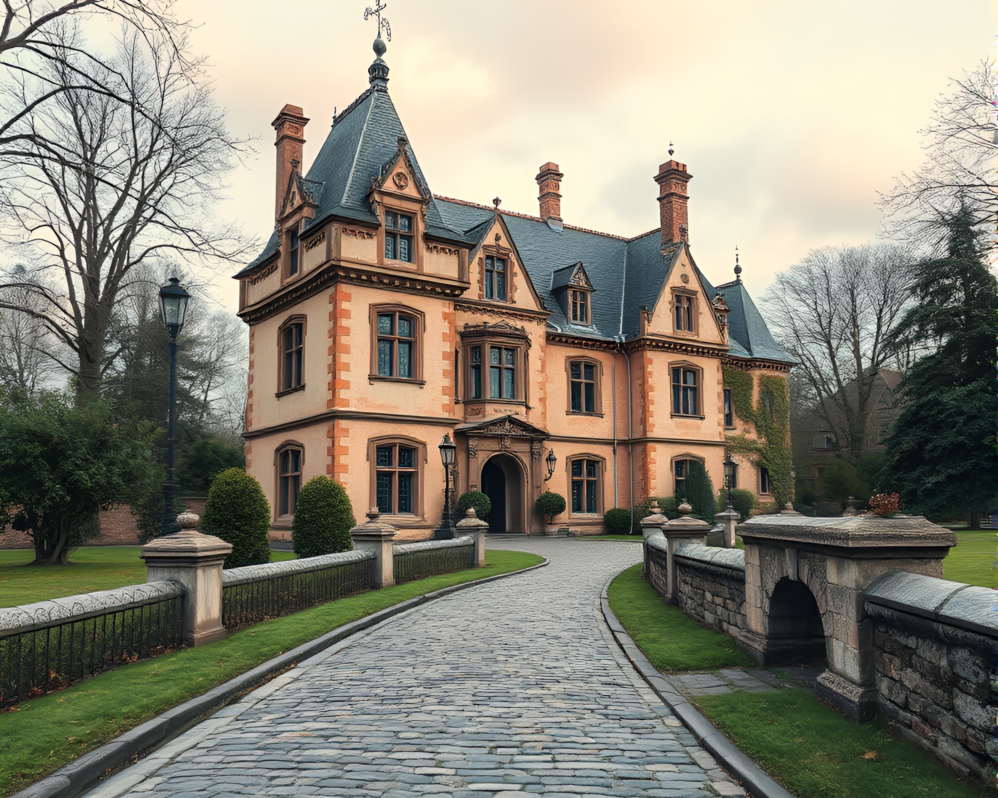 Neo-Gothic Mansion with Cobblestone Path – free AI stock image