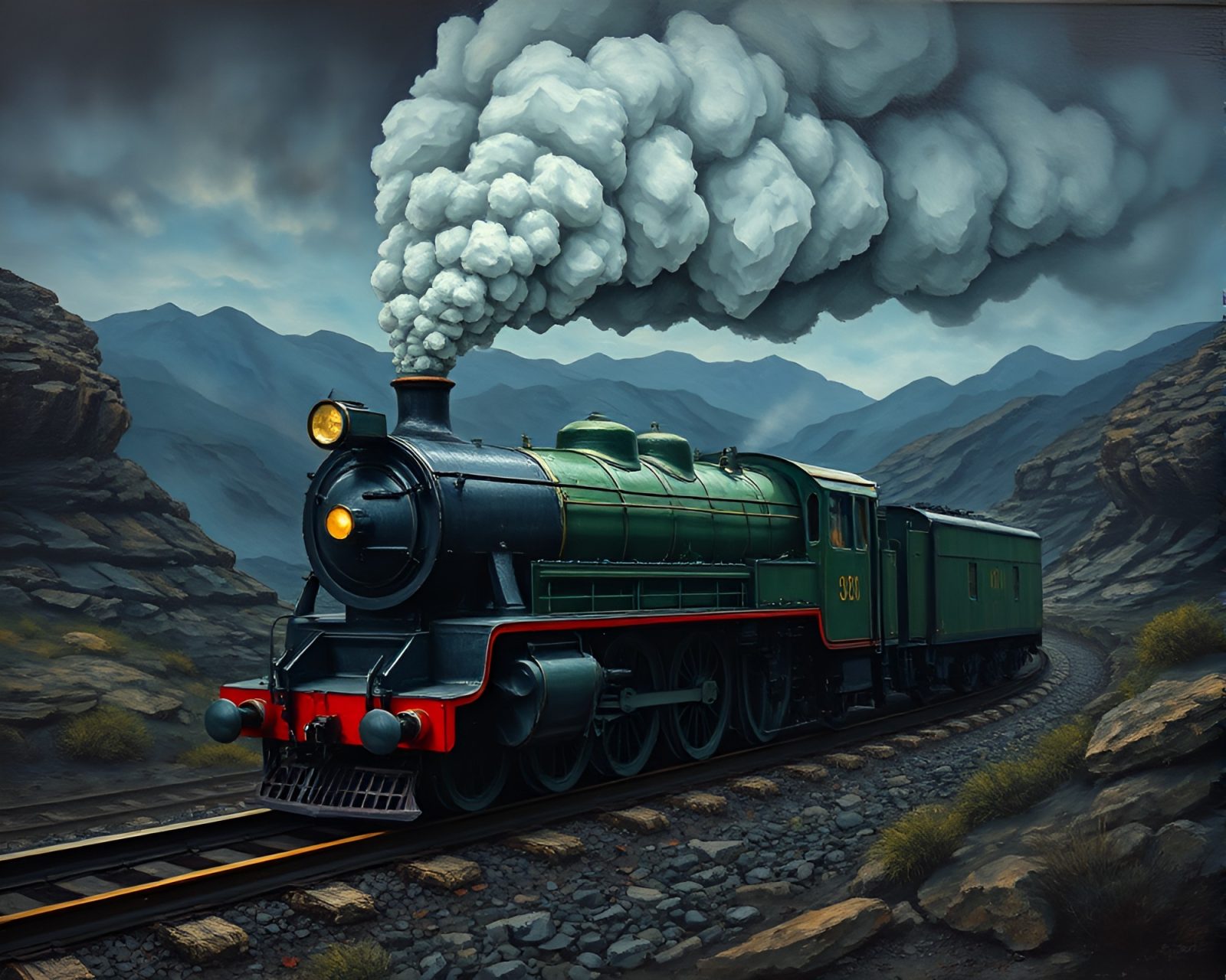 Oil impasto ridges portraying steam locomotive in trompe-l'oeil style
