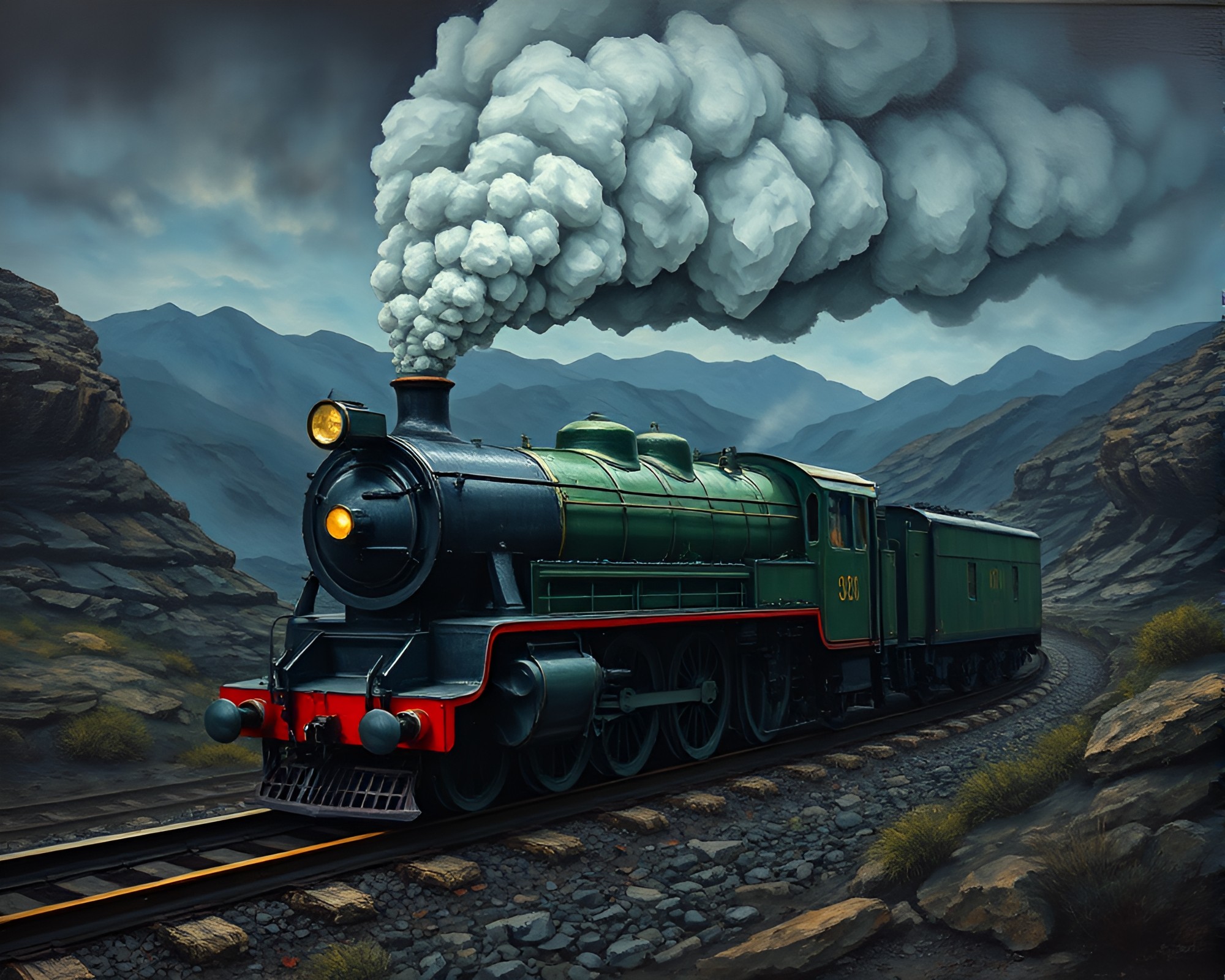 Steam locomotive emerging from necromantic shadows – free AI stock image