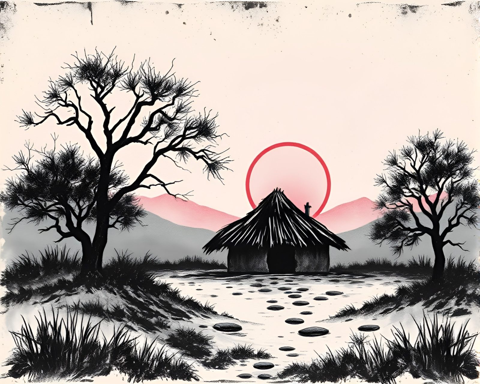 Woodblock print sketch of a mud hut at sunrise