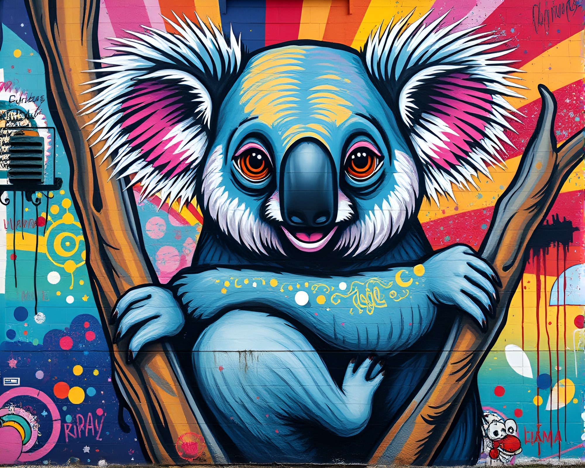 Koala Cosmic Collage: Dadaist Graffiti Mural Masterpiece – free AI stock image