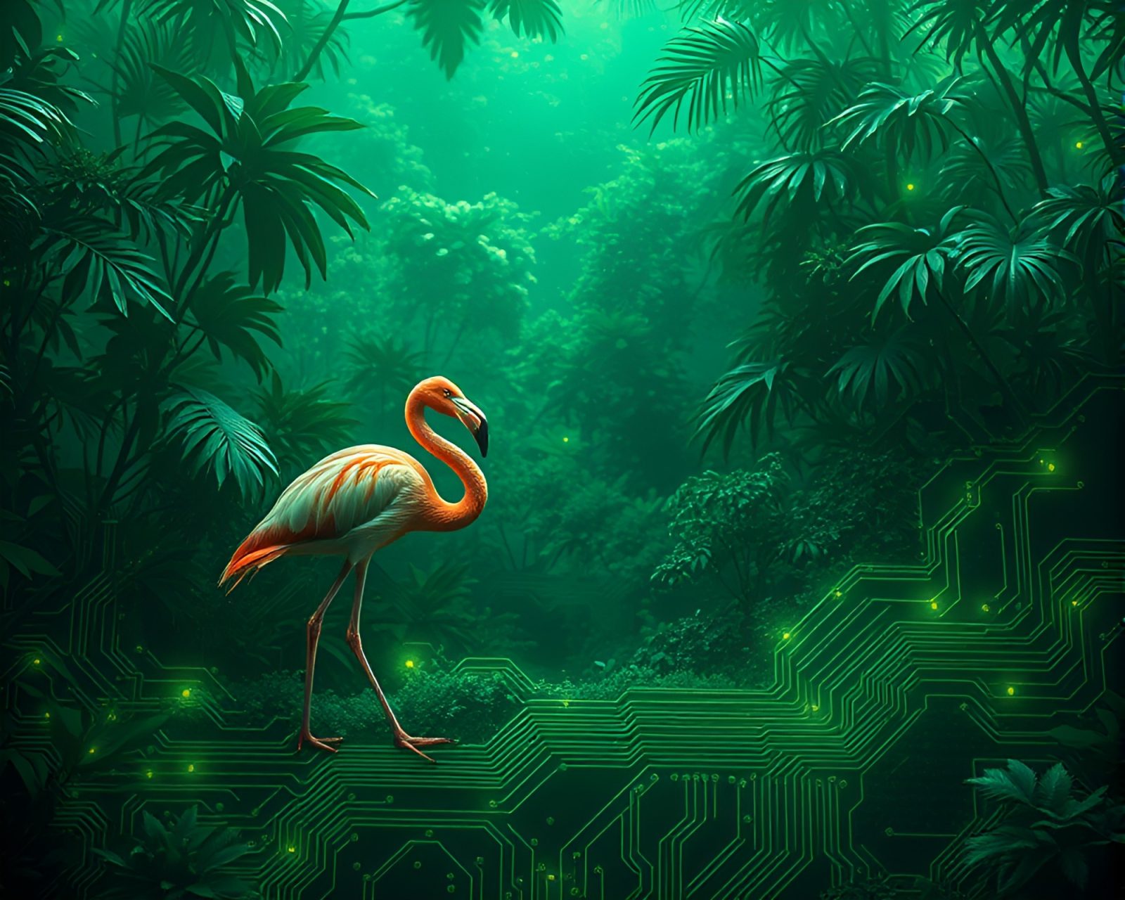 Flamingo in electronic rainforest with rim lighting on circuitry