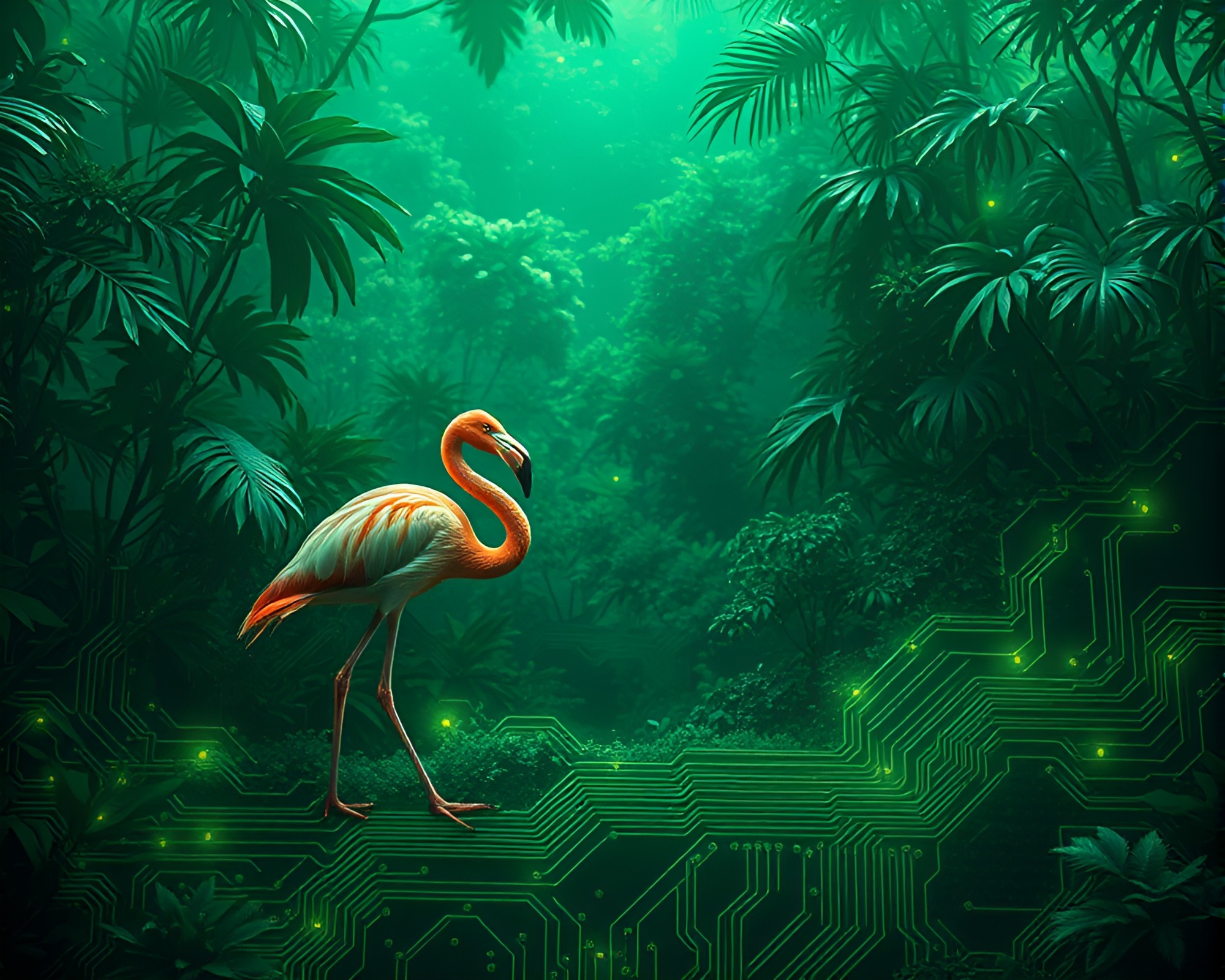 Flamingo Silhouette Amid Circuit Board Traces in Green Haze – free AI stock image