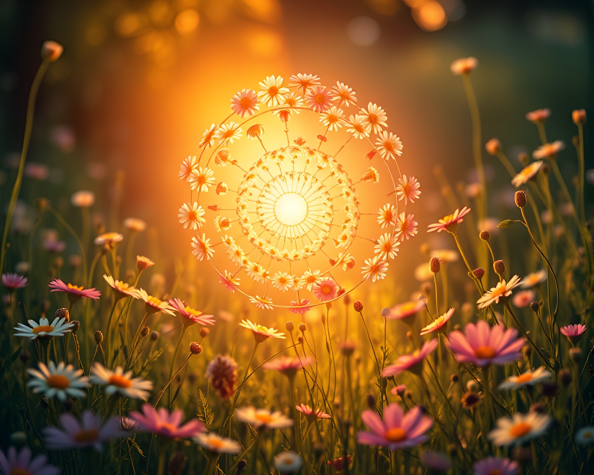 Fibonacci Spiral Blooming Meadow with Warm Porchlight Glow – free AI stock image