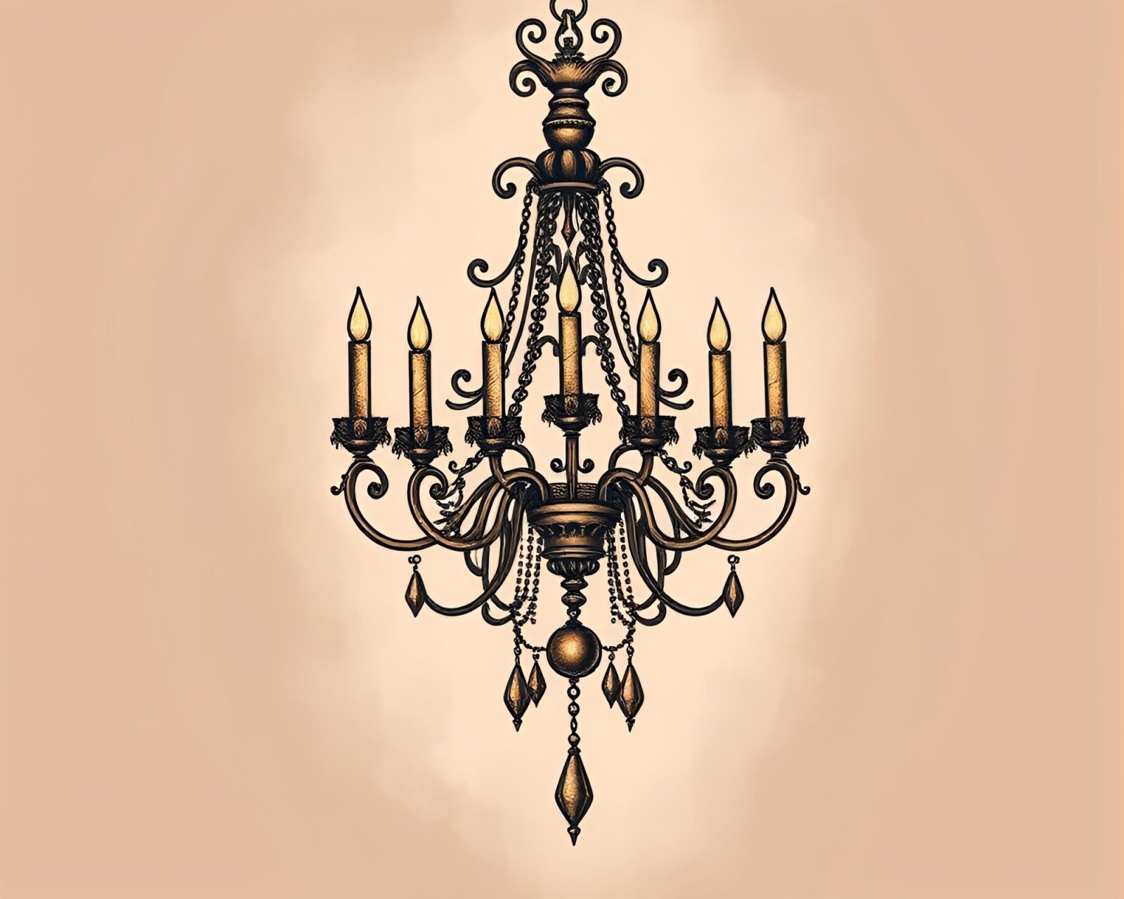 Muted earth tones Victorian chandelier tattoo art close-up
