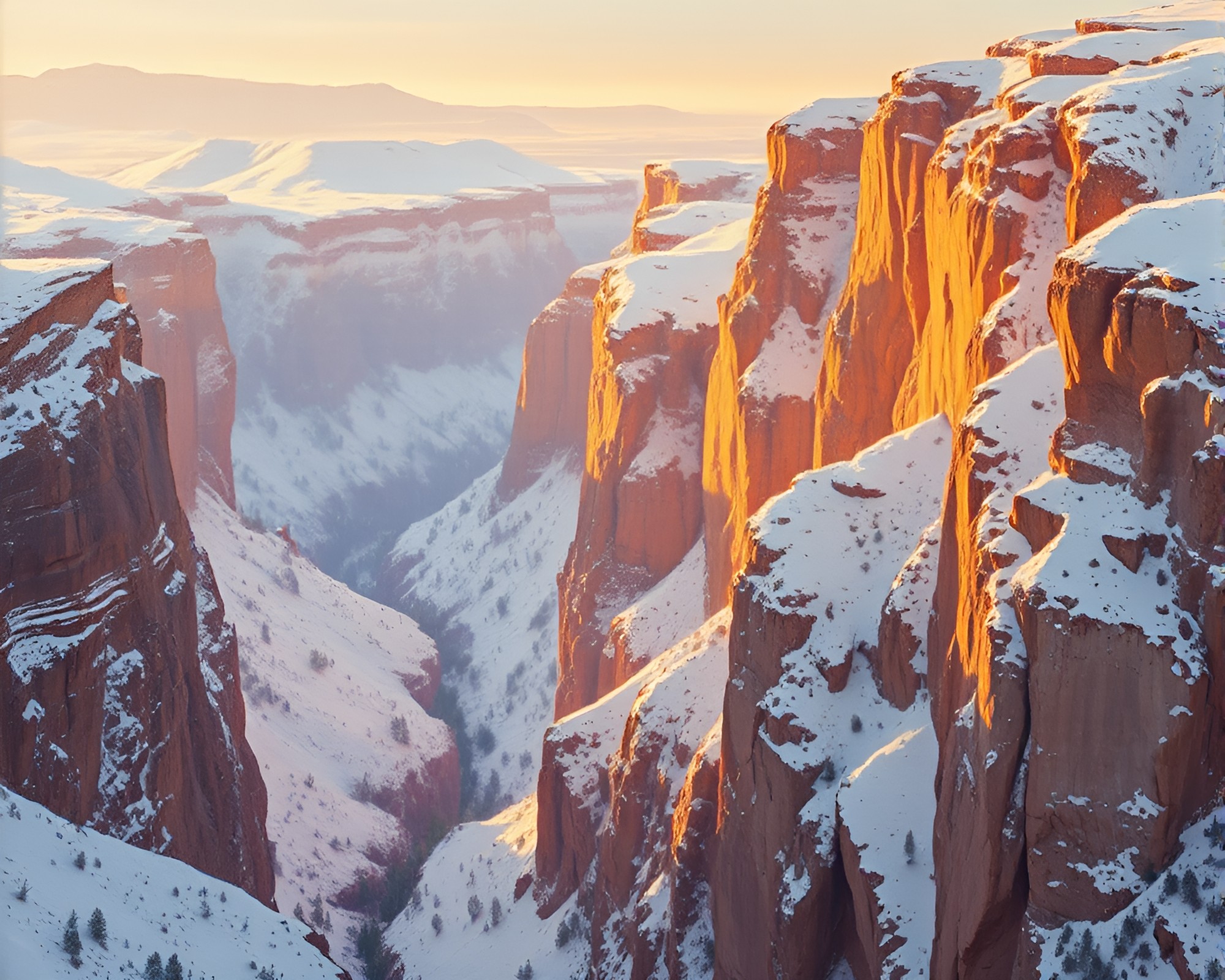 Eroded Canyon in Snow-Kissed Golden Hour Light – free AI stock image