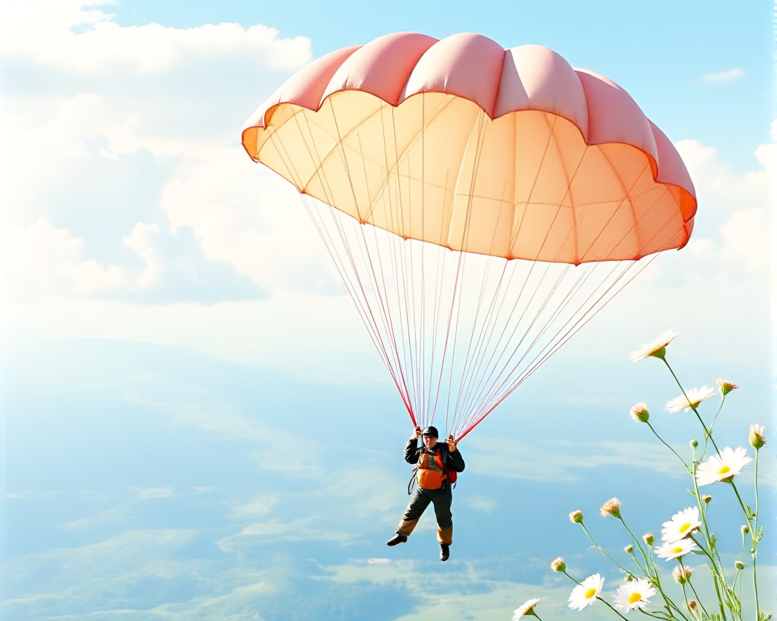 Vibrant watercolor flowers frame skydiver in vintage film style.