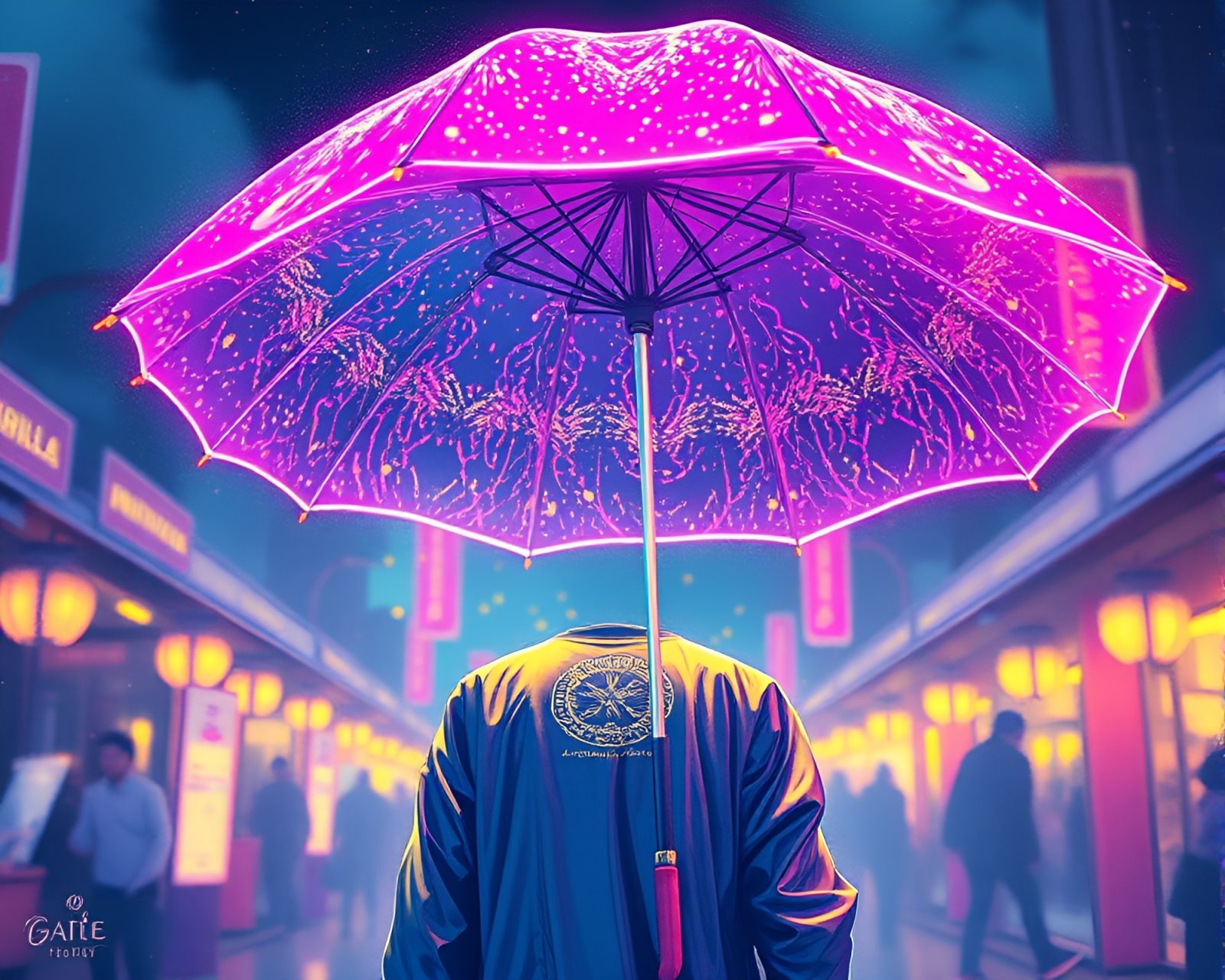 Fashion illustration of a neon-lit umbrella against gilded highlights